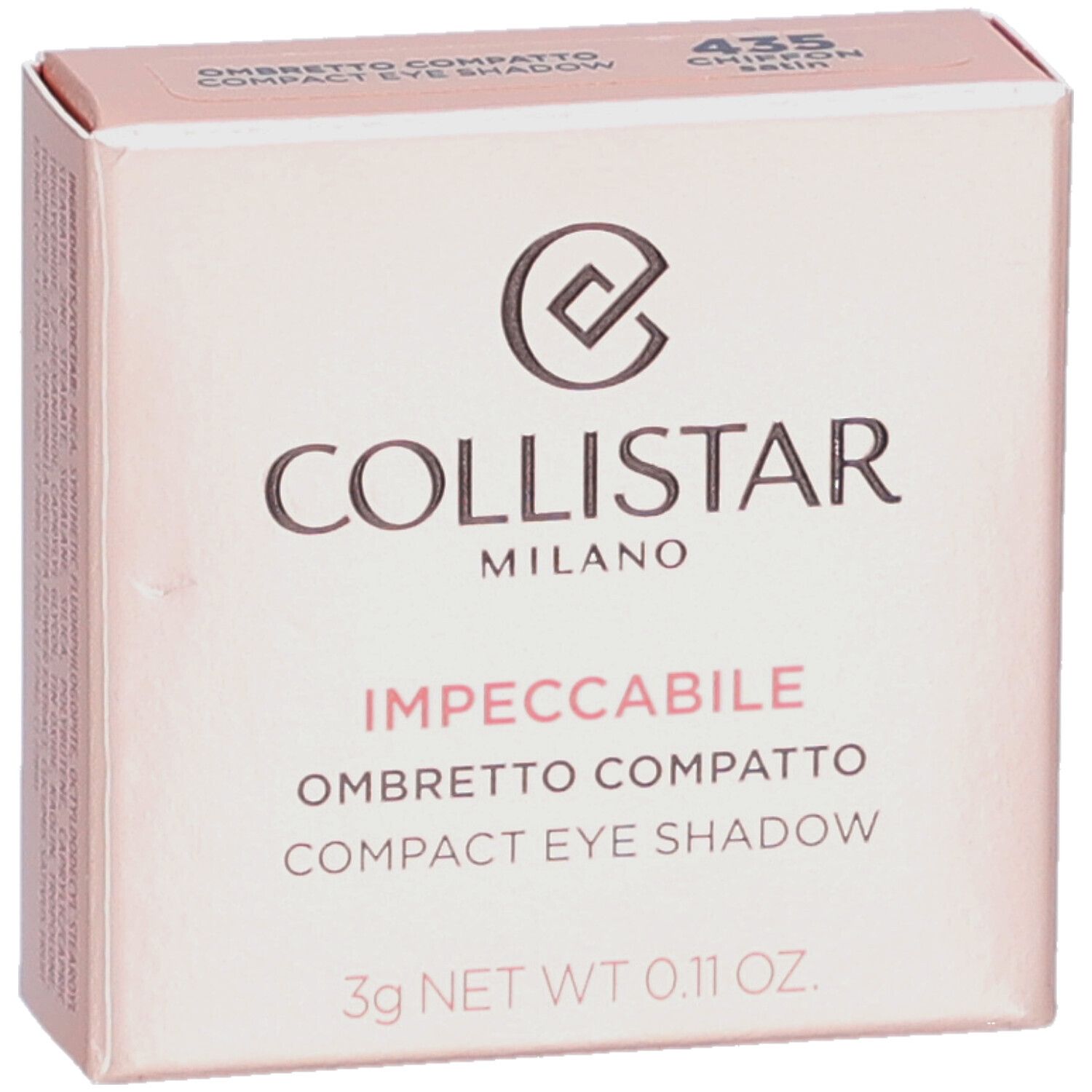 Rosafarbene Schachtel. Collistar Milano, Impeccabile Compact Eyeshadow. 435 Chiffon Satin. 3g. Mit Logo.