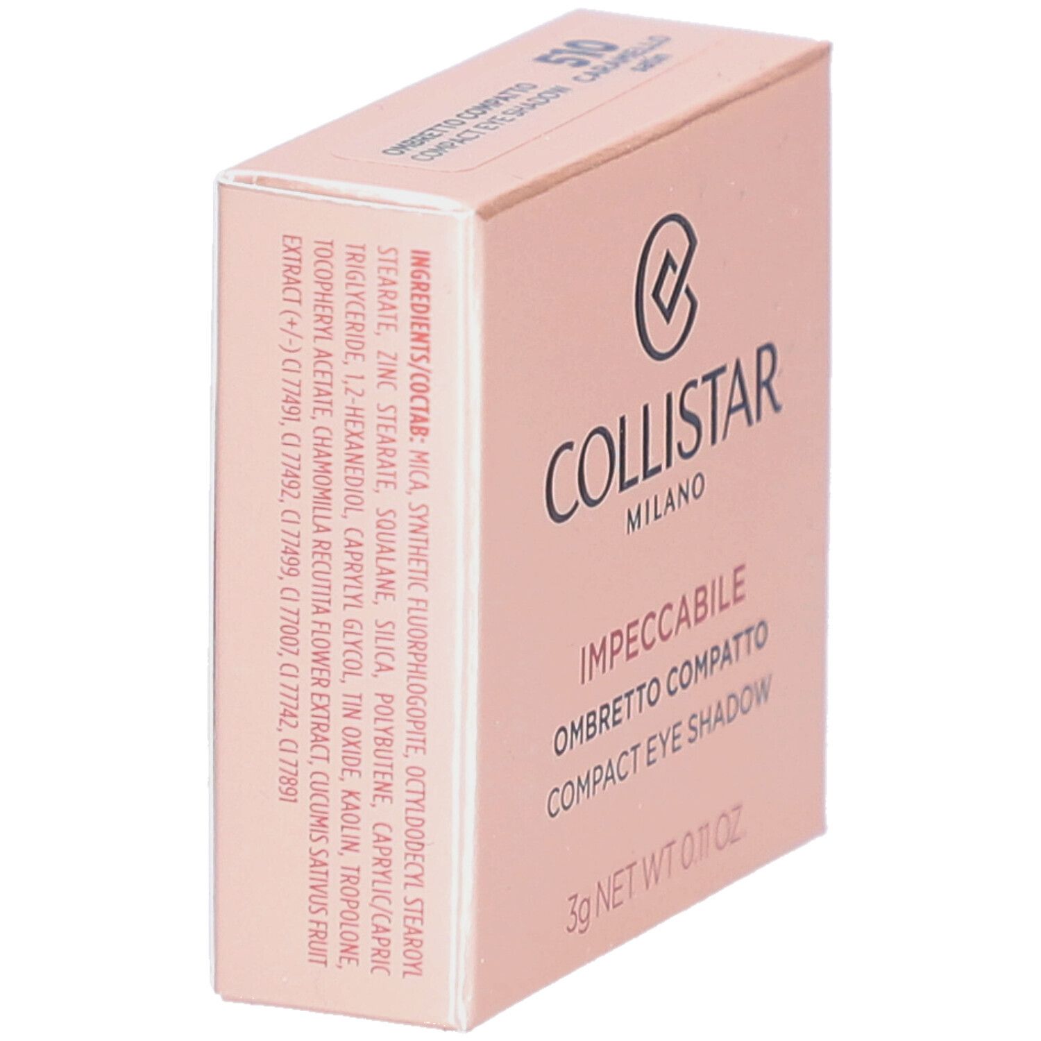 Kompakter Lidschatten in rosa Verpackung. Marke: Collistar. Text: Impeccabile Compact Eyeshadow. Inhaltsstoffe auf der Seite.