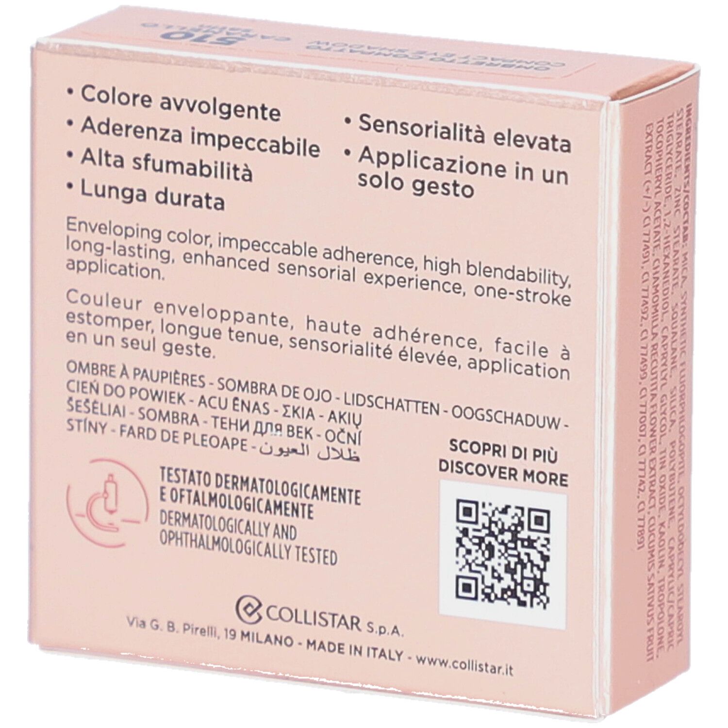 Rückseite der rosa Lidschattenverpackung. Text: Farbe, Haftung, Deckkraft, Haltbarkeit. Dermatologisch und ophthalmologisch getestet.