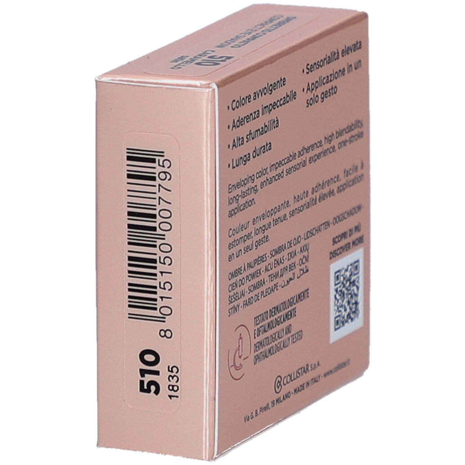 Rosa Lidschattenverpackung. Text: Farbe, Haftung, Deckkraft, Haltbarkeit. Dermatologisch und ophthalmologisch getestet. Farbcode 510.