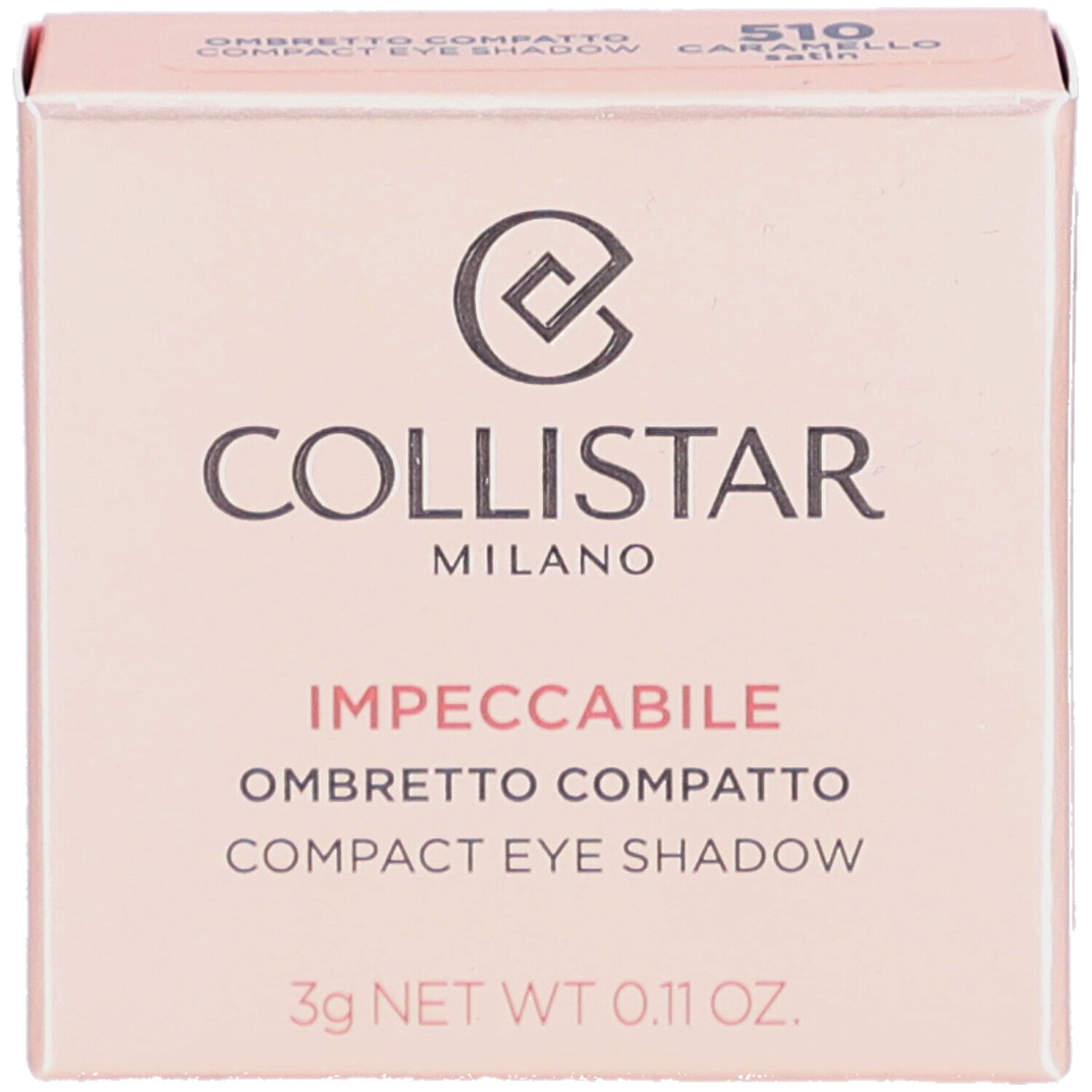 Kompakter Lidschatten in einer rosa Schachtel. Marke: Collistar. Text: Impeccabile Compact Eyeshadow. 3g Netto. Farbcode 510.