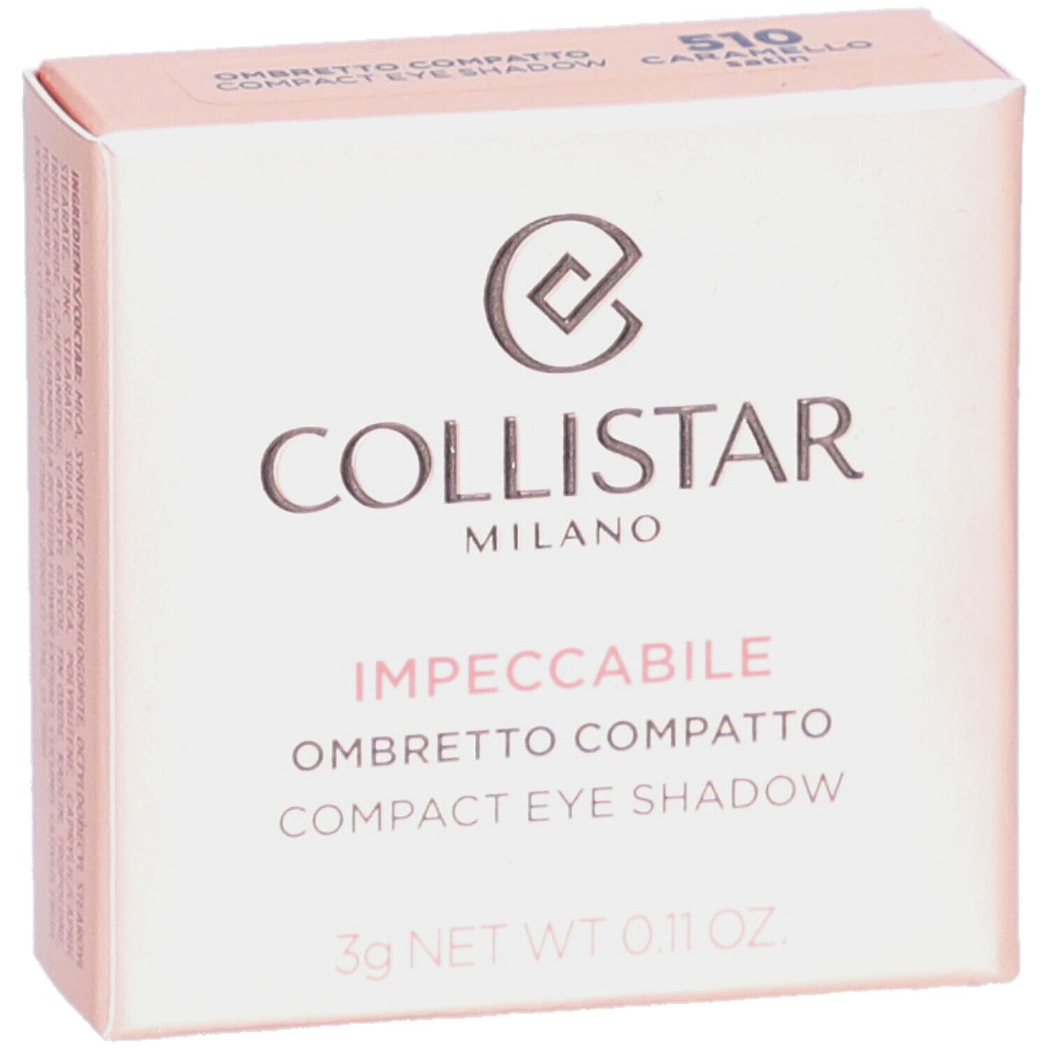 Kompakter Lidschatten in einer rosa Schachtel. Marke: Collistar. Text: Impeccabile Compact Eyeshadow. 3g Netto. Farbcode 510.