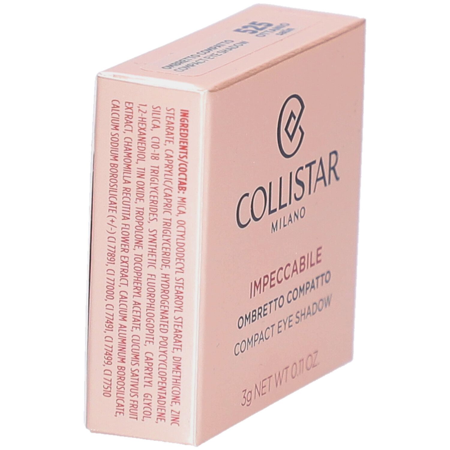 Collistar Compact Eyeshadow-Verpackung. Rosa Karton mit Produktnamen und Logo. 3g Netto-Gewicht. Farbcode 525.