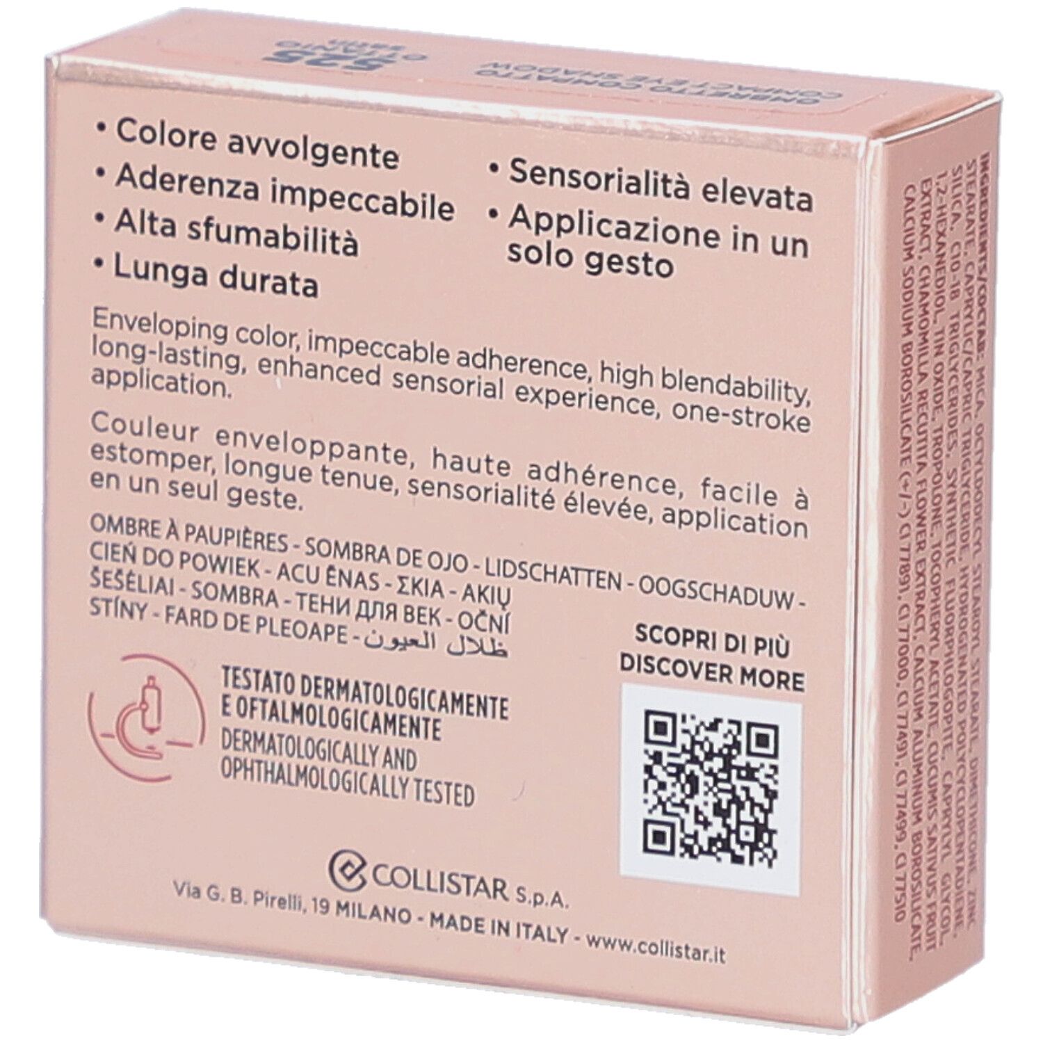 Rückseite der Collistar Compact Eyeshadow-Verpackung. Text, QR-Code, dermatologisch getestet. Farbcode 525.