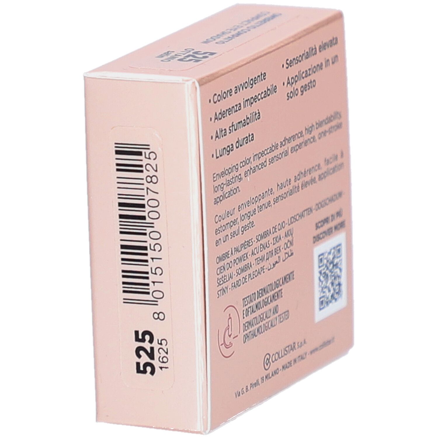 Rückseite der Collistar Compact Eyeshadow-Verpackung. Text, QR-Code, dermatologisch getestet. Farbcode 525.