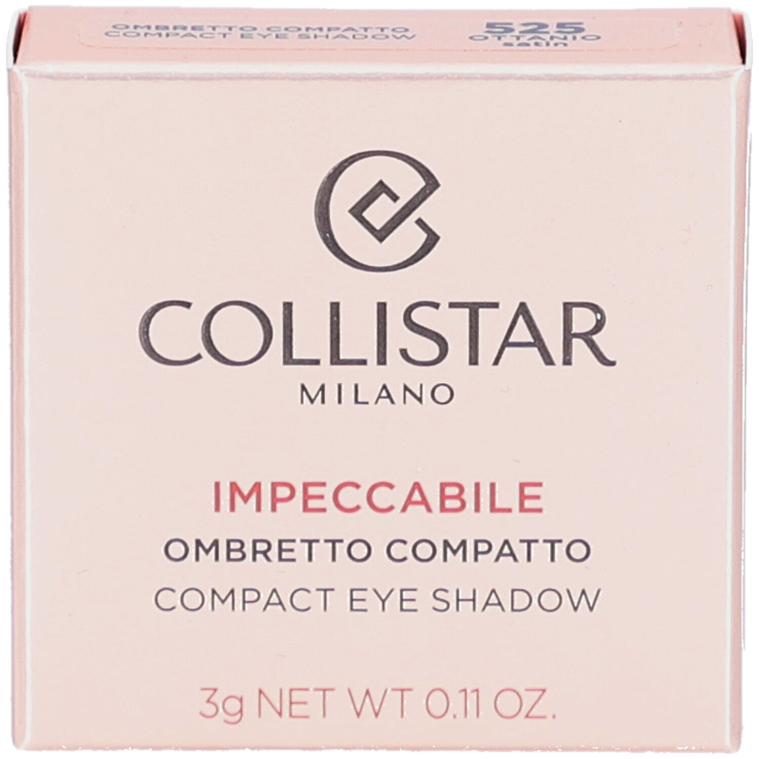Collistar Compact Eyeshadow-Verpackung. Rosa Karton mit Produktnamen und Logo. 3g Netto-Gewicht. Farbcode 525.