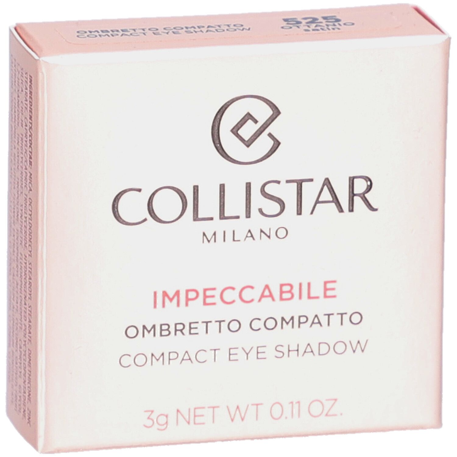 Collistar Compact Eyeshadow-Verpackung. Rosa Karton mit Produktnamen und Logo. 3g Netto-Gewicht. Farbcode 525.