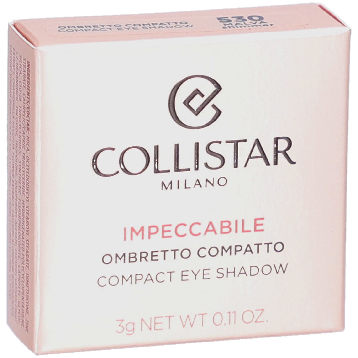 Kompakte Lidschatten-Verpackung. Marke Collistar. Rosa Verpackung mit Produktinformationen.