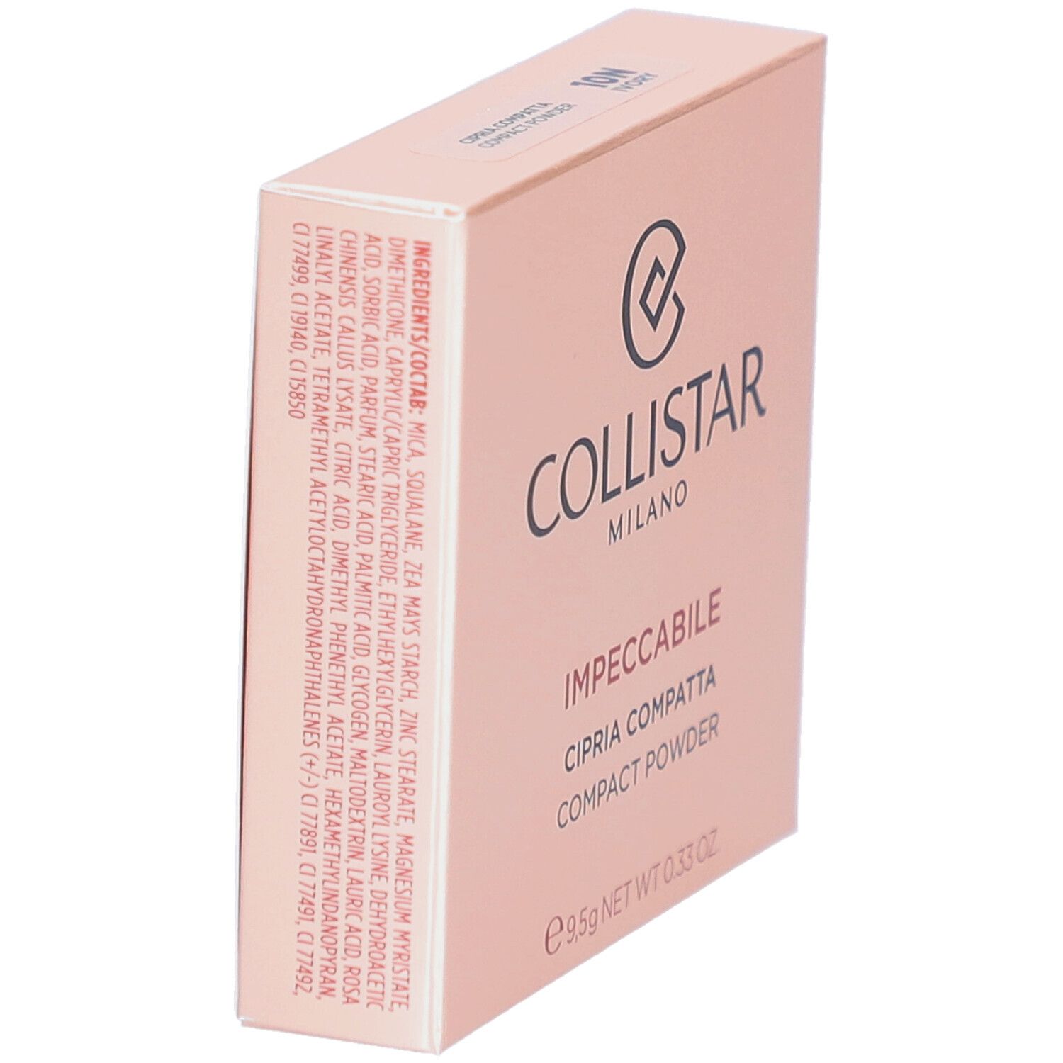 Collistar Impeccabile Compact Powder Verpackung. Inhaltsstoffe, Logo und Produktbezeichnung. 9,5g.
