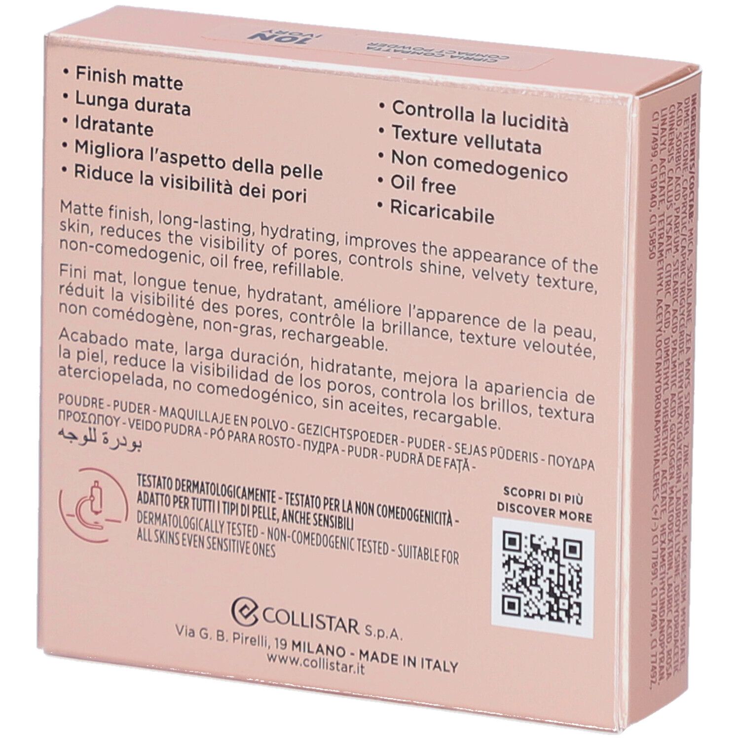 Rückseite der Collistar Impeccabile Compact Powder Verpackung. Produktmerkmale, QR-Code, Logo.