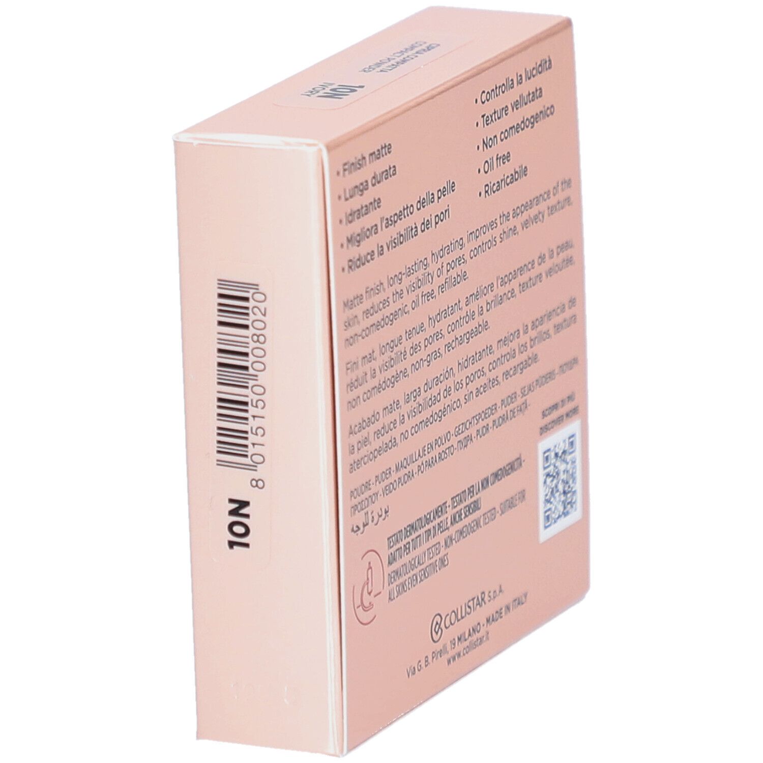 Rückseite der Collistar Impeccabile Compact Powder Verpackung. Produktmerkmale, QR-Code, Logo.