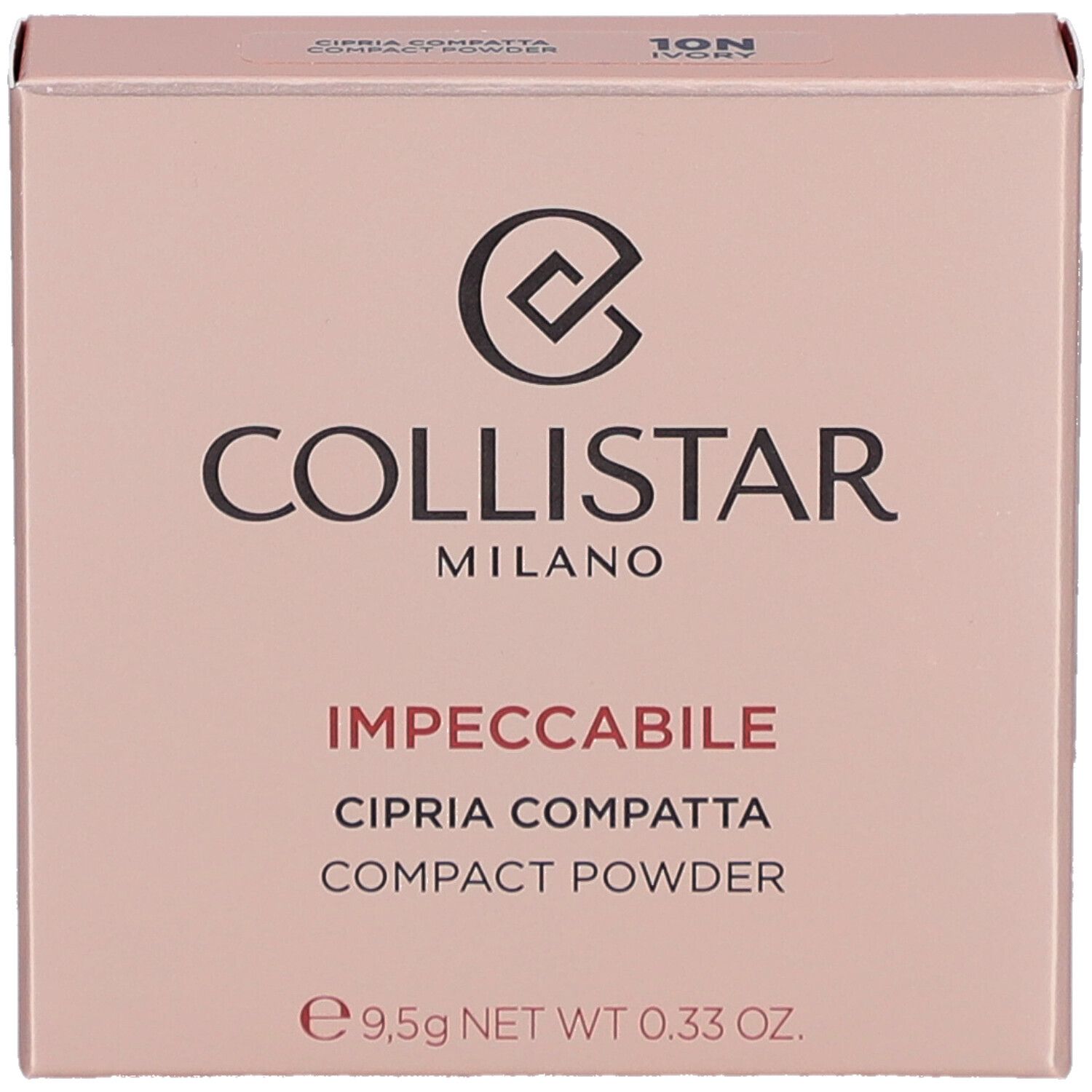 Collistar Impeccabile Compact Powder Verpackung. Rosa, Logo, Produktbezeichnung, 9,5g, 10N Ivory.