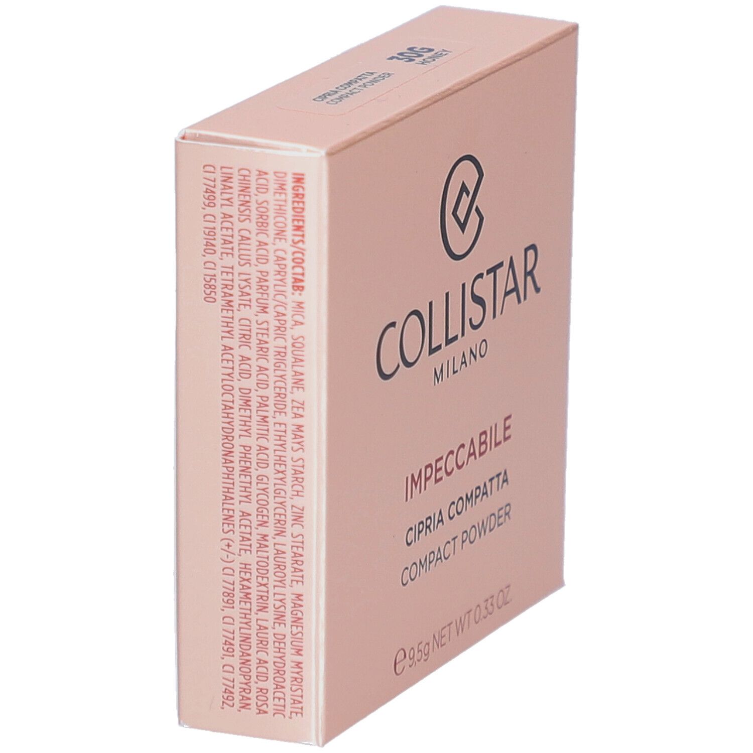 Kompaktpuder-Verpackung. Marke Collistar, Schriftzug Impeccabile. Rosa Farbton, 30G Honey.