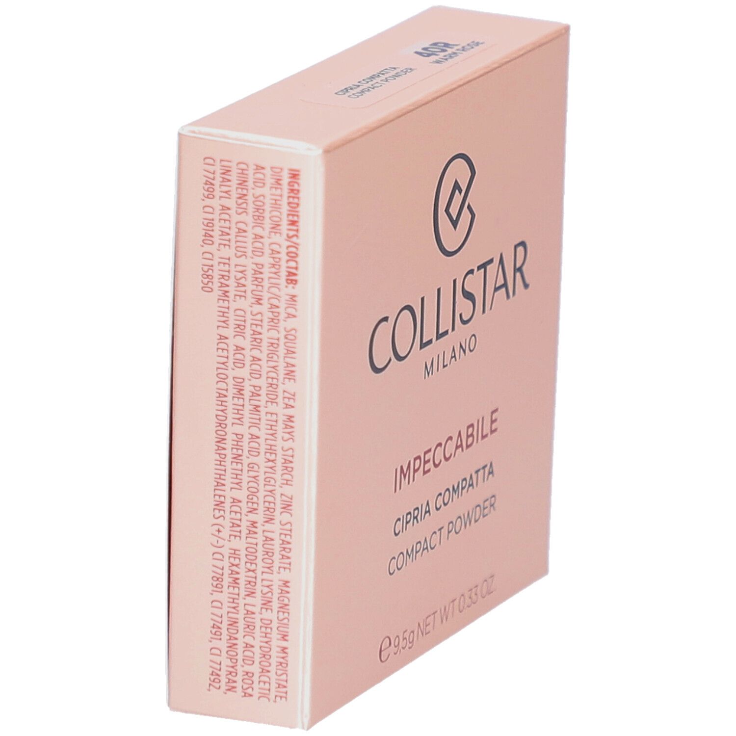Schräg stehende Collistar-Puder-Verpackung. Logo und Produktname. Inhaltsstoffe.