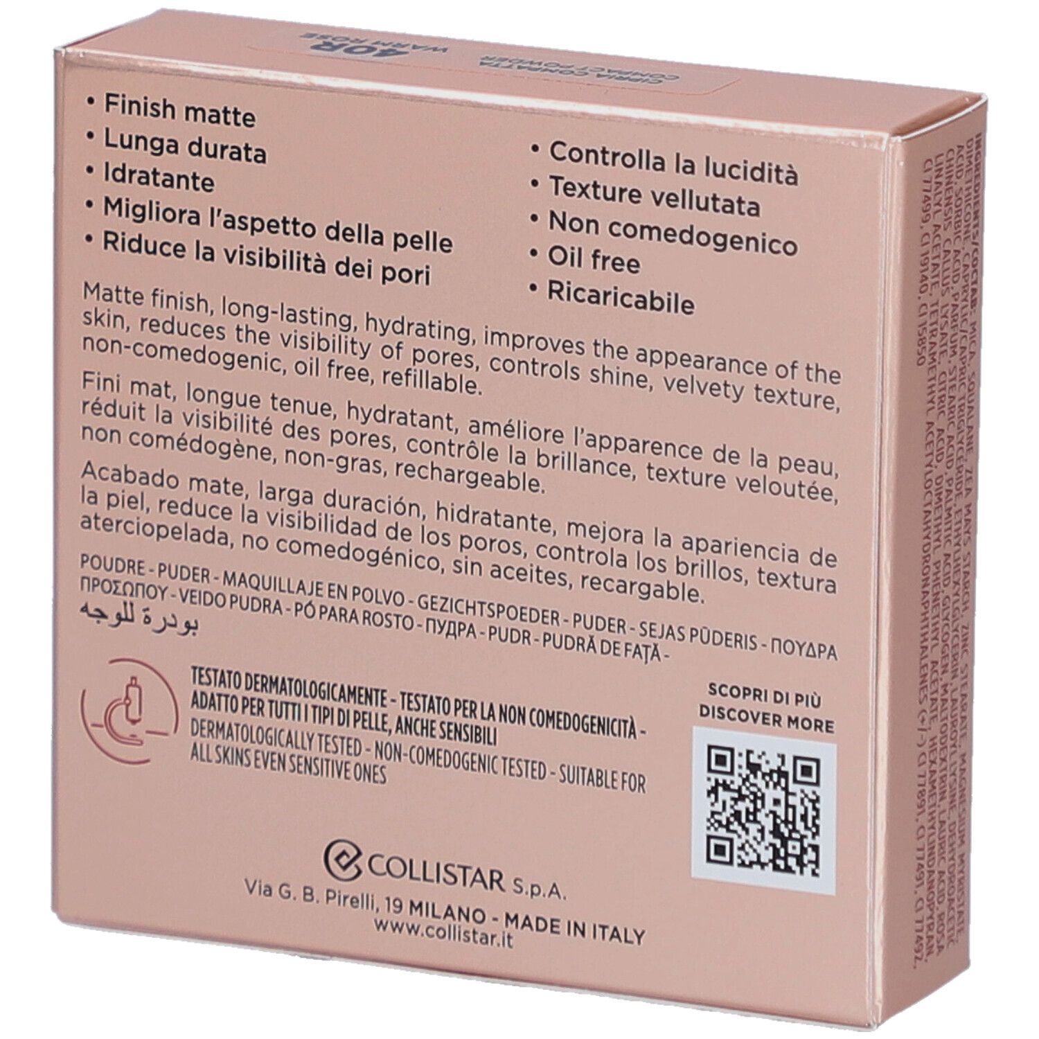Rückseite der Collistar-Puder-Verpackung. Produktmerkmale und QR-Code.