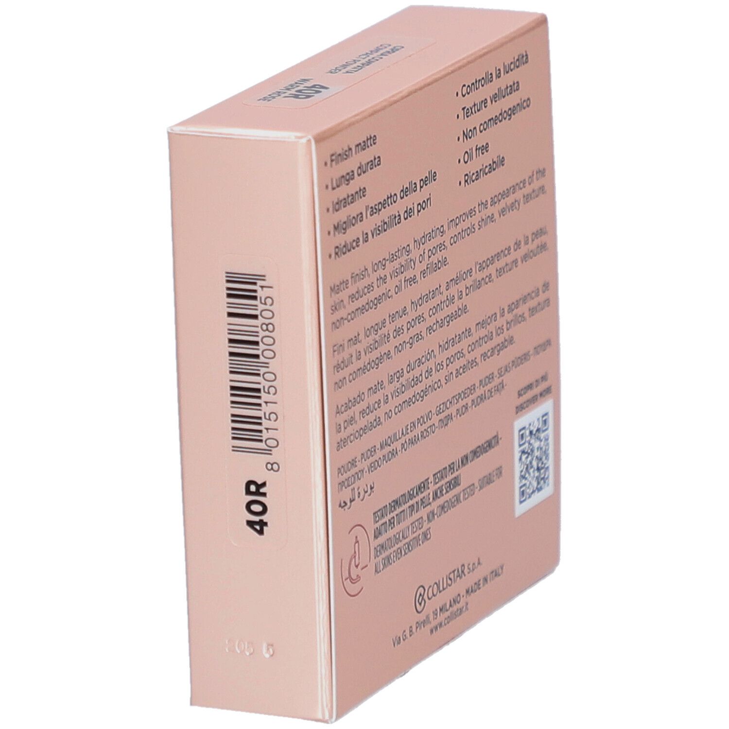 Schräg stehende Collistar-Puder-Verpackung. Produktmerkmale und QR-Code.