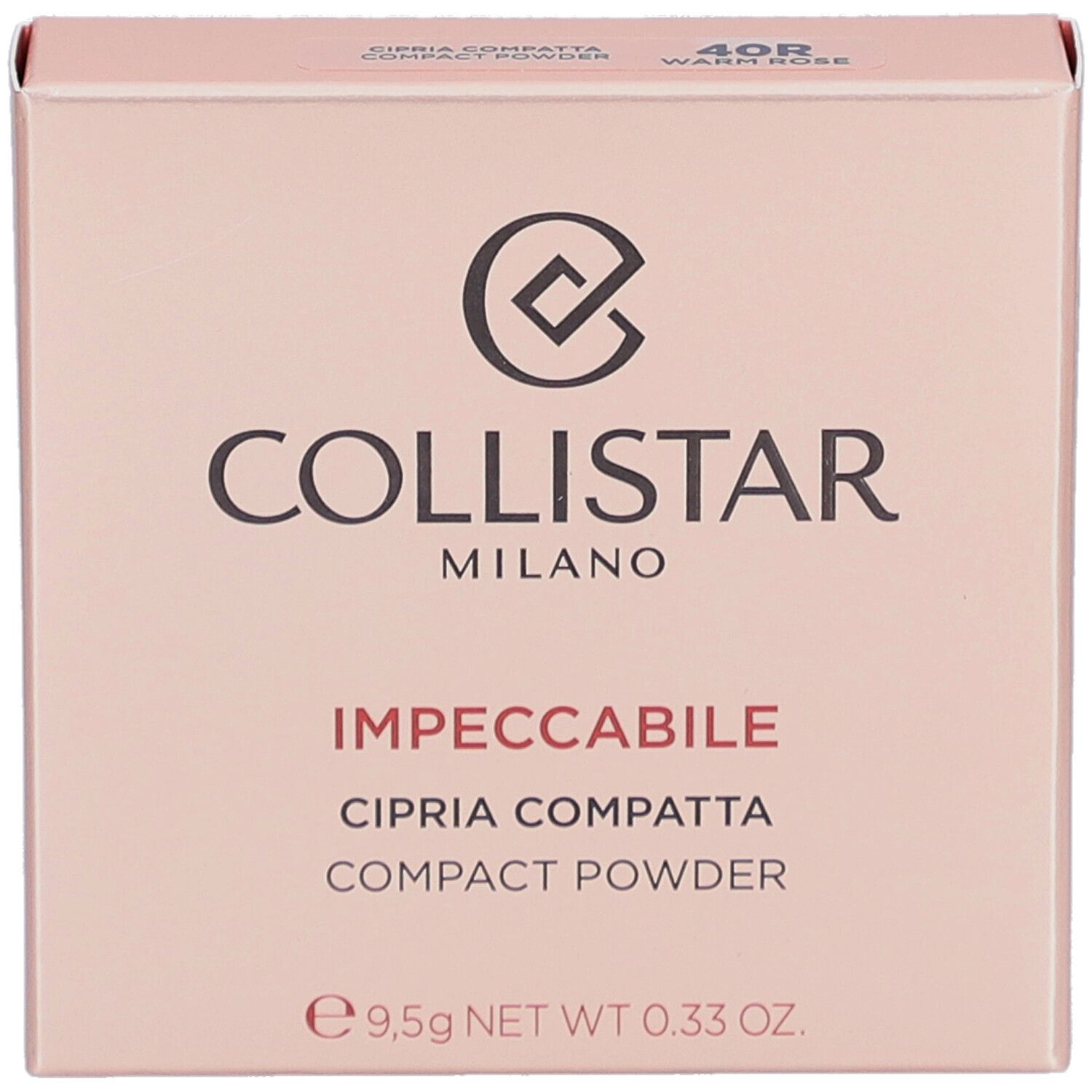 Rosafarbene Collistar-Puder-Verpackung. Logo und Produktname. 40R Warm Rose. 9,5g.