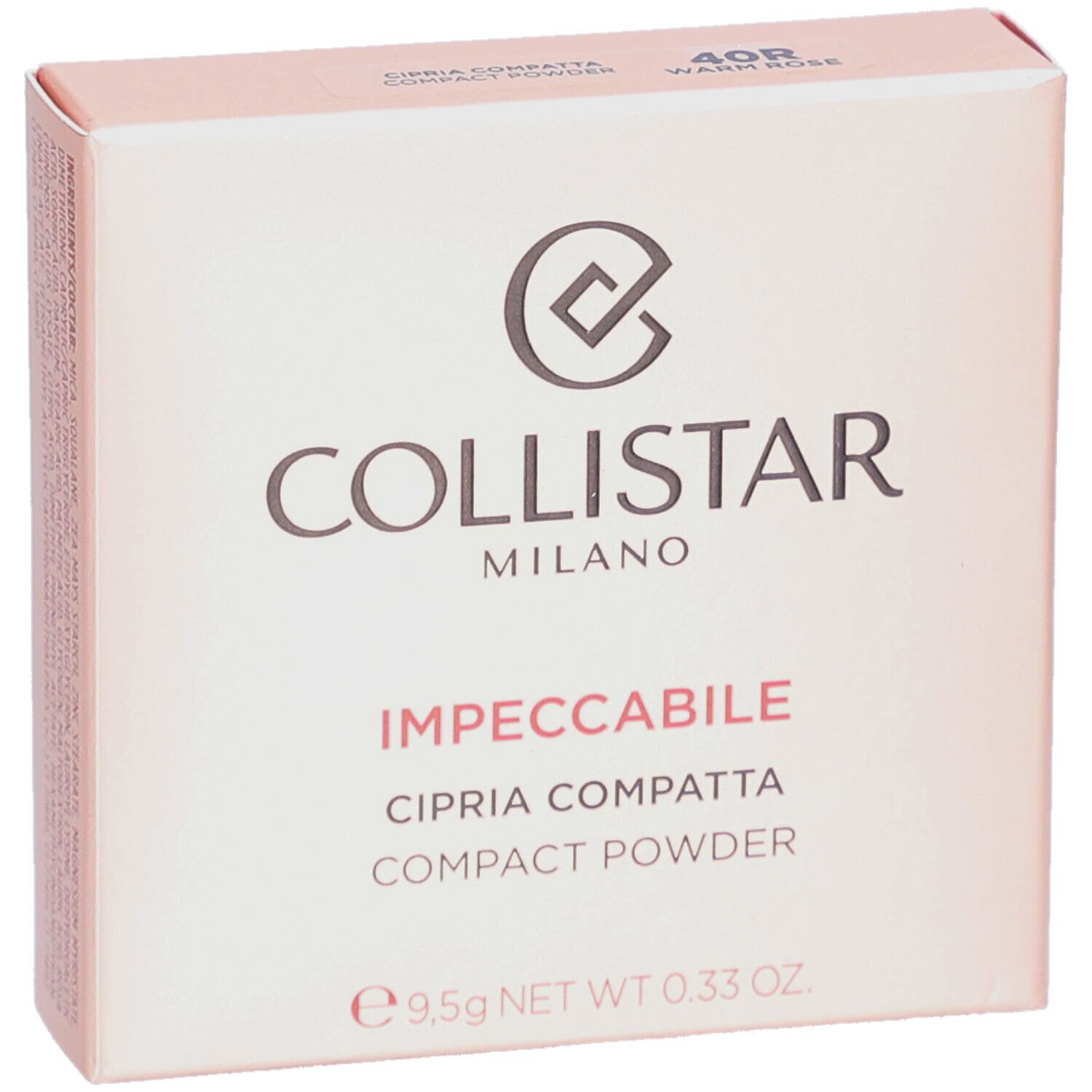 Rosafarbene Collistar-Puder-Verpackung. Logo und Produktname. 40R Warm Rose. 9,5g.