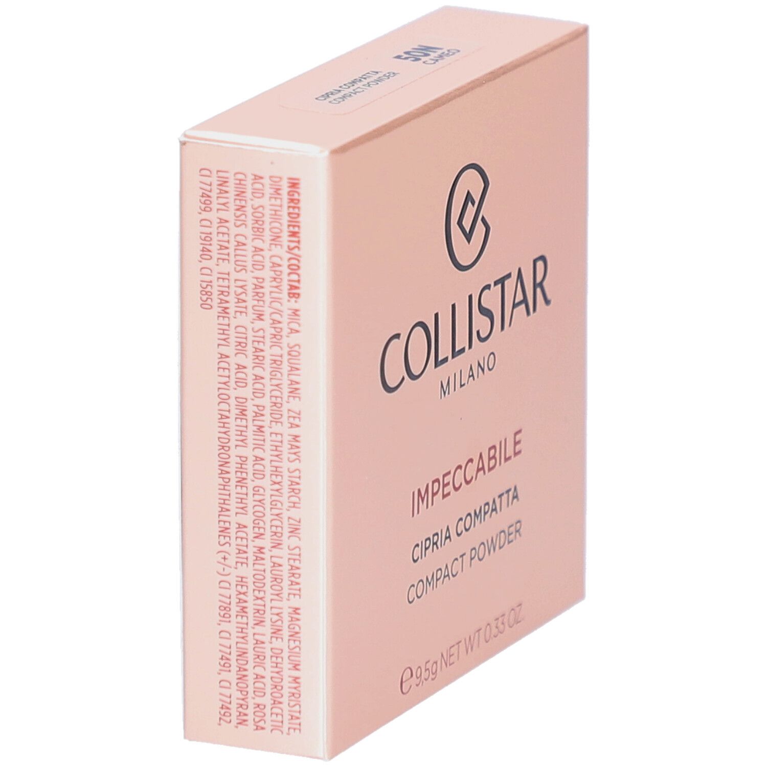 Schachtel, rosa. Aufschrift: Collistar Milano, Impeccabile, Cipria Compatta, Compact Powder. Inhaltsstoffe.