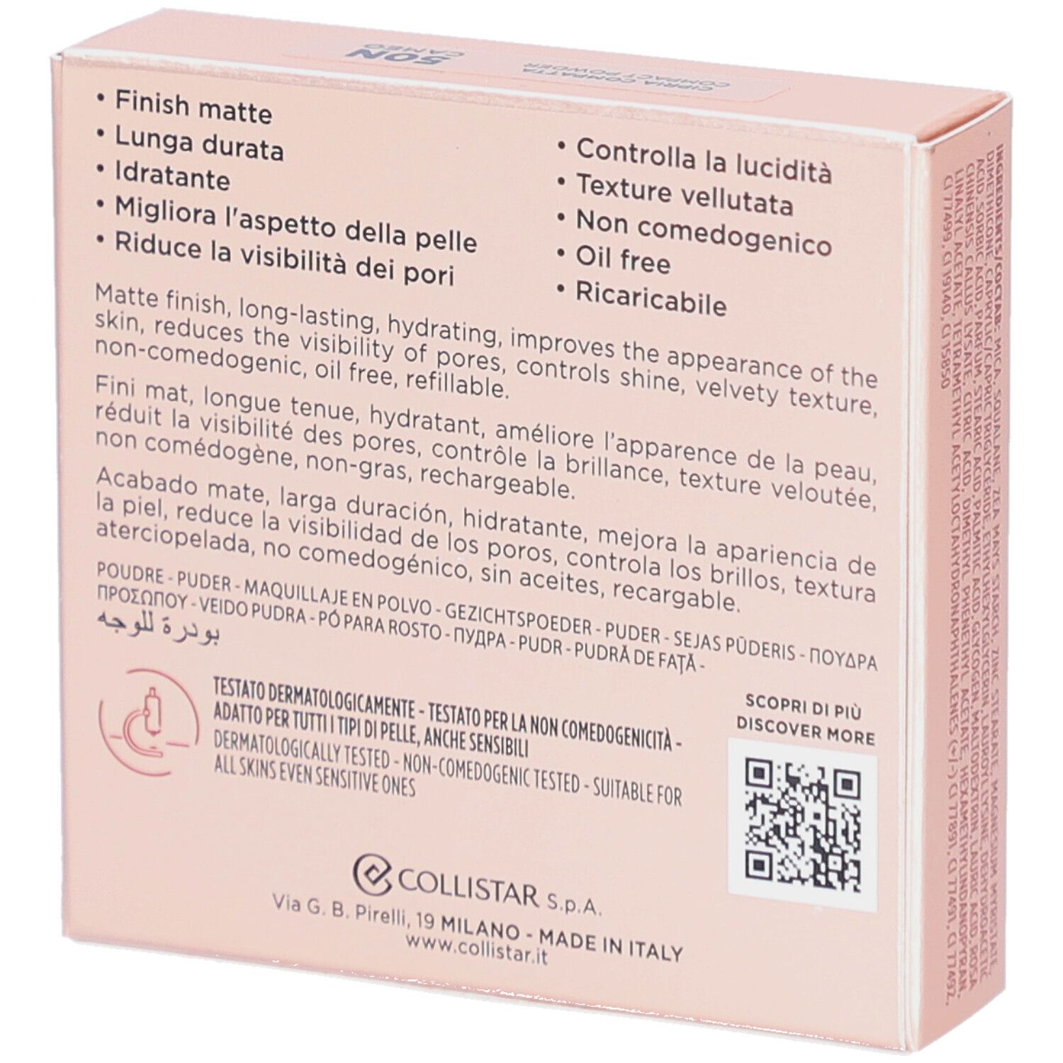Rosafarbene Schachtel. Aufschrift: Collistar Milano, Impeccabile, Cipria Compatta, Compact Powder. Eigenschaften.