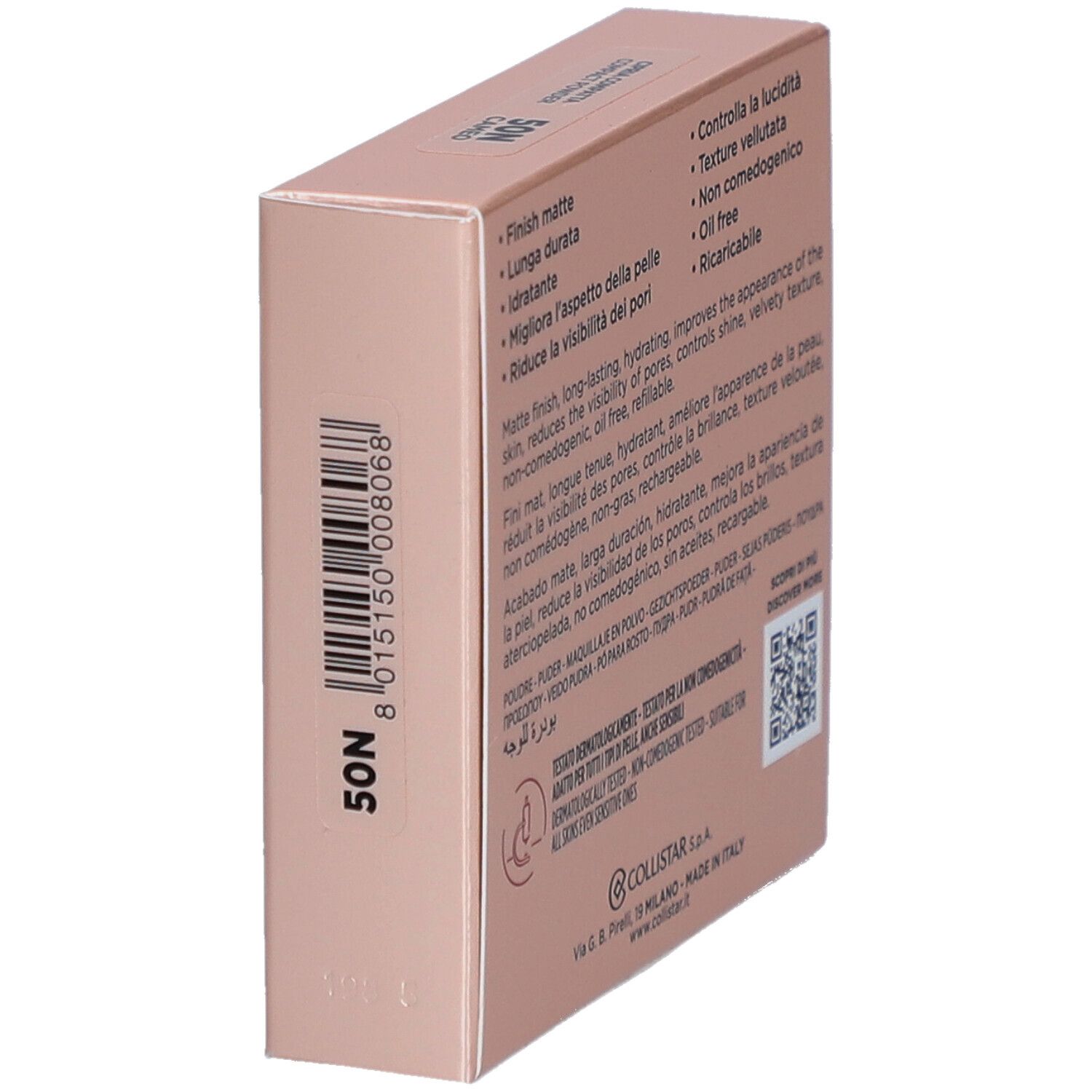 Rosafarbene Schachtel. Aufschrift: Collistar Milano, Impeccabile, Cipria Compatta, Compact Powder. 50N.