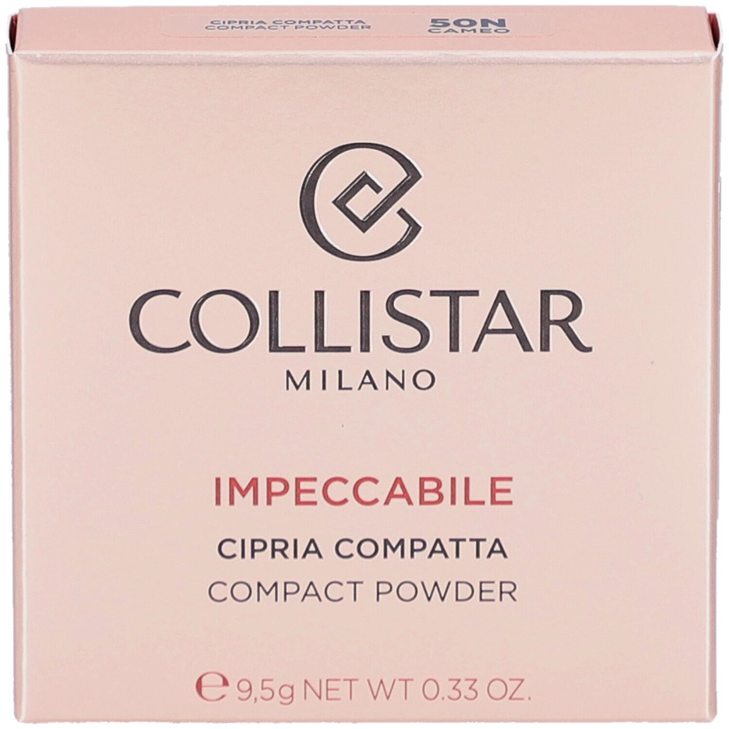 Rosafarbene Schachtel. Aufschrift: Collistar Milano, Impeccabile, Cipria Compatta, Compact Powder. 9,5g.