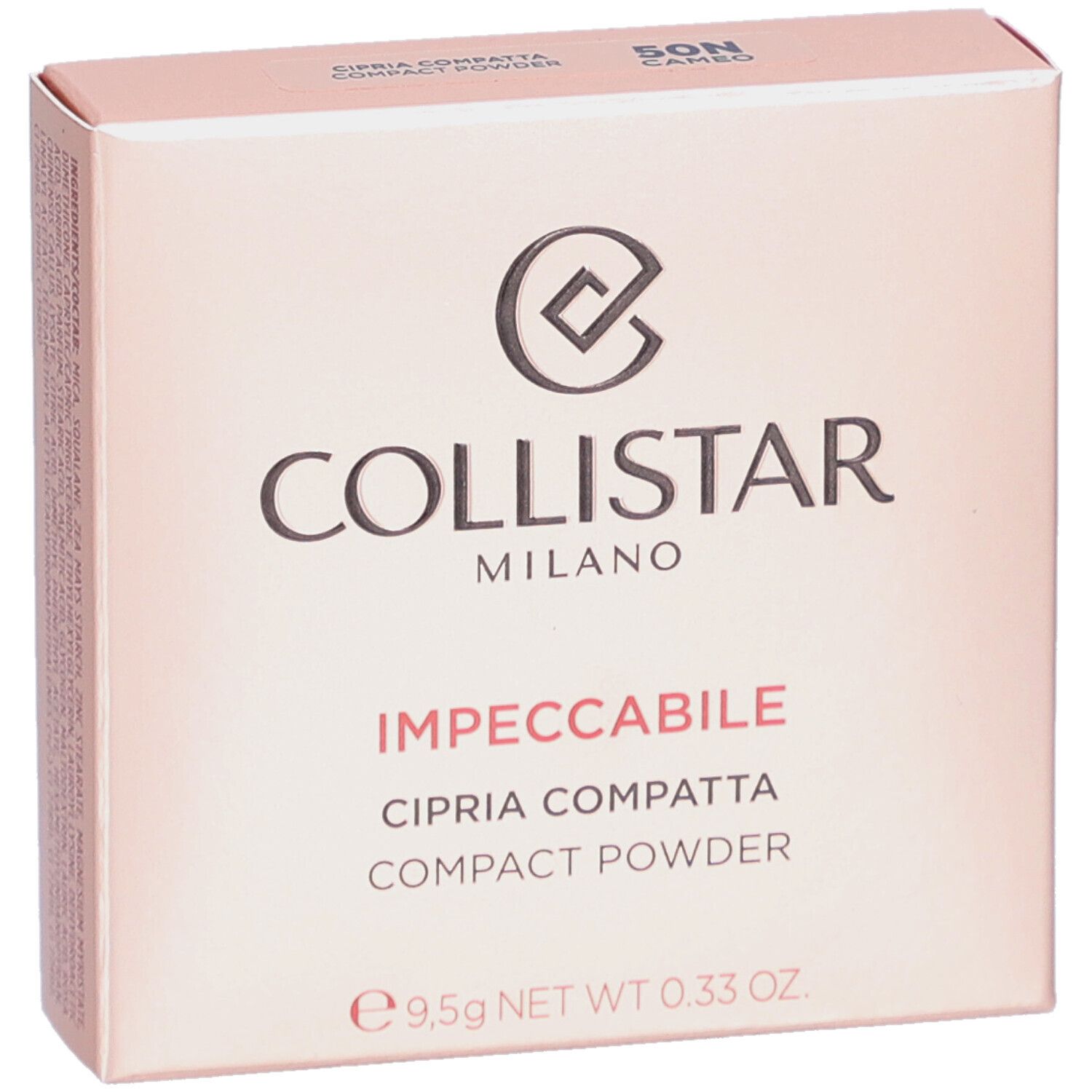 Rosafarbene Schachtel. Aufschrift: Collistar Milano, Impeccabile, Cipria Compatta, Compact Powder. 9,5g.