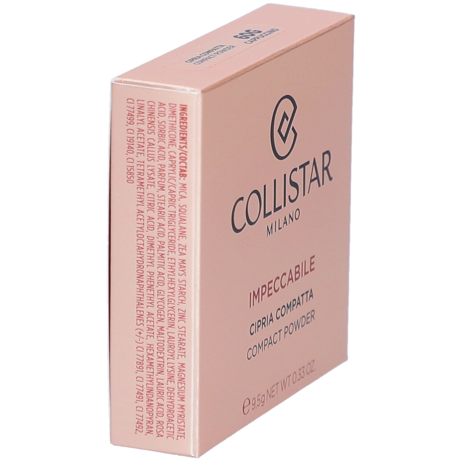 Collistar Impeccabile Compact Powder-Verpackung. Rosa-farbener Karton mit Logo und Inhaltsstoffen. 60G Cappuccino.
