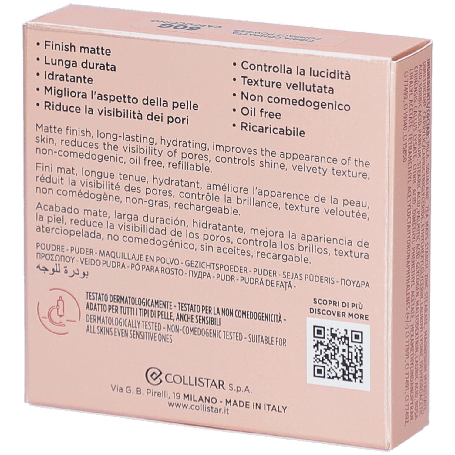 Rückseite der Collistar Impeccabile Compact Powder-Verpackung. Rosa-farbener Karton mit Produktinformationen und QR-Code.