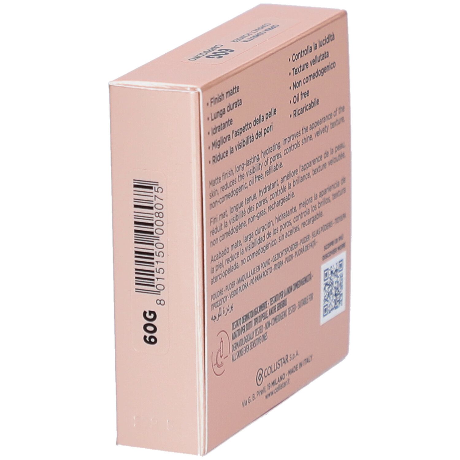 Rückseite der Collistar Impeccabile Compact Powder-Verpackung. Rosa-farbener Karton mit Produktinformationen und QR-Code.