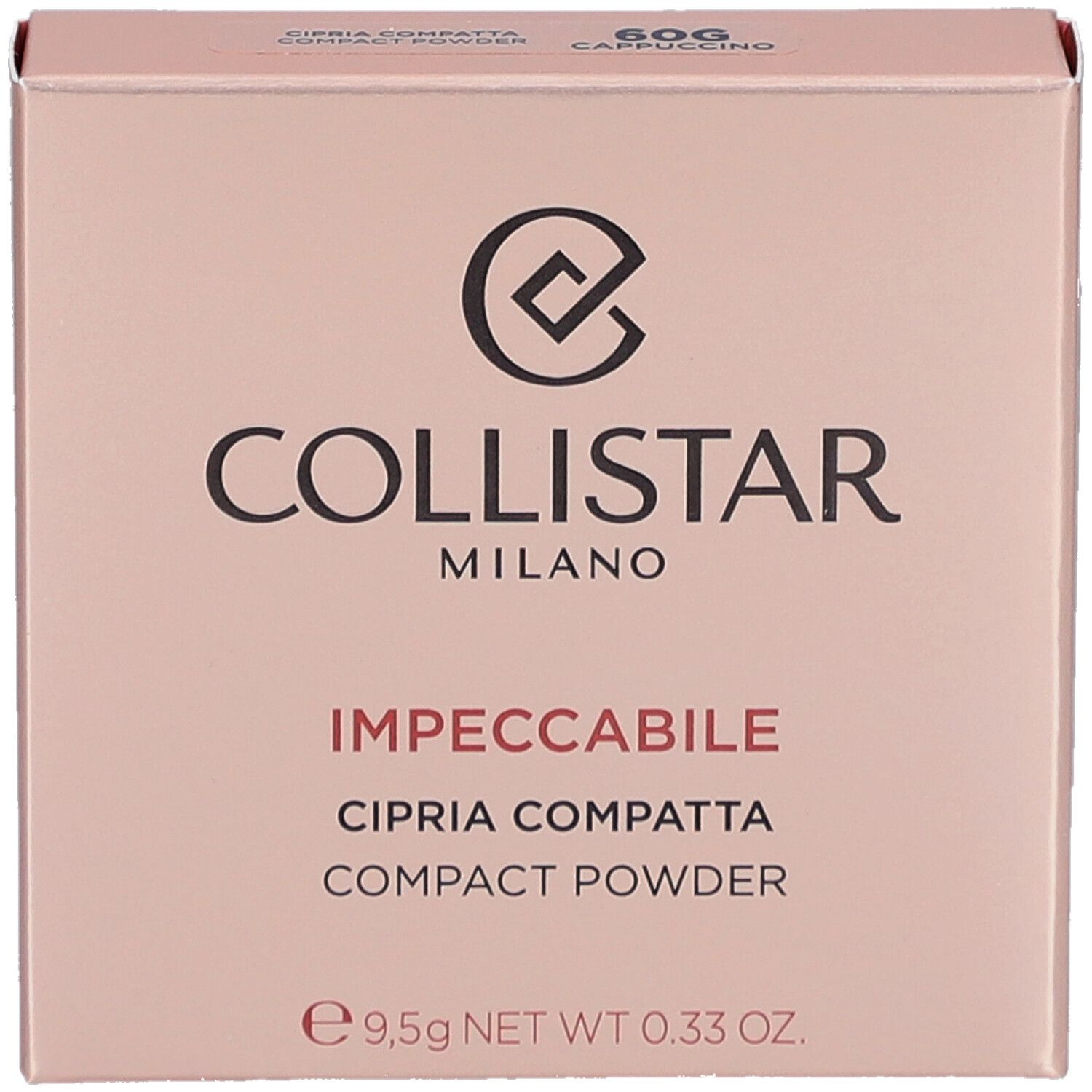Collistar Impeccabile Compact Powder-Verpackung. Rosa-farbener Karton mit Logo und Produktinformationen. 60G Cappuccino.