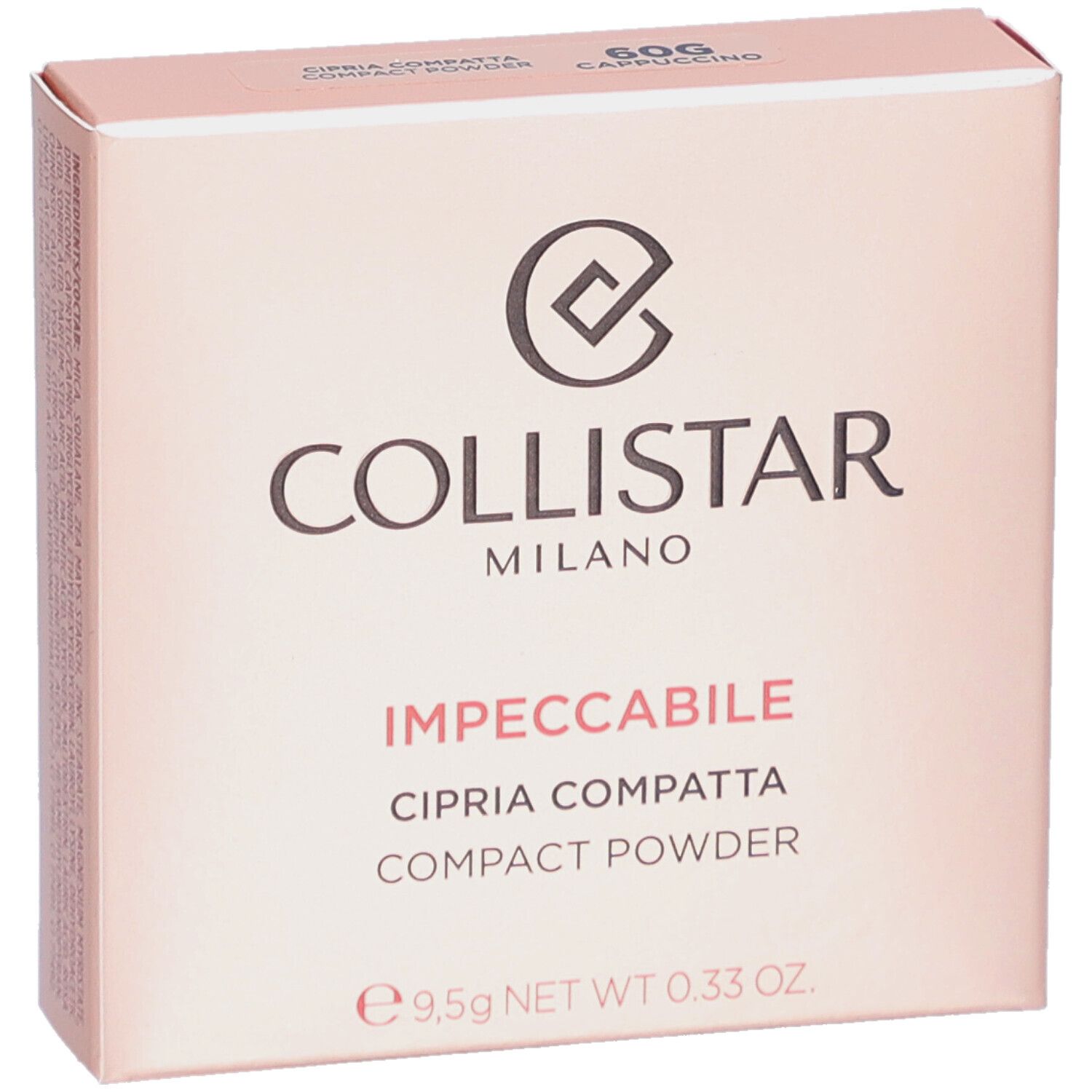 Collistar Impeccabile Compact Powder-Verpackung. Rosa-farbener Karton mit Logo und Produktinformationen. 60G Cappuccino.
