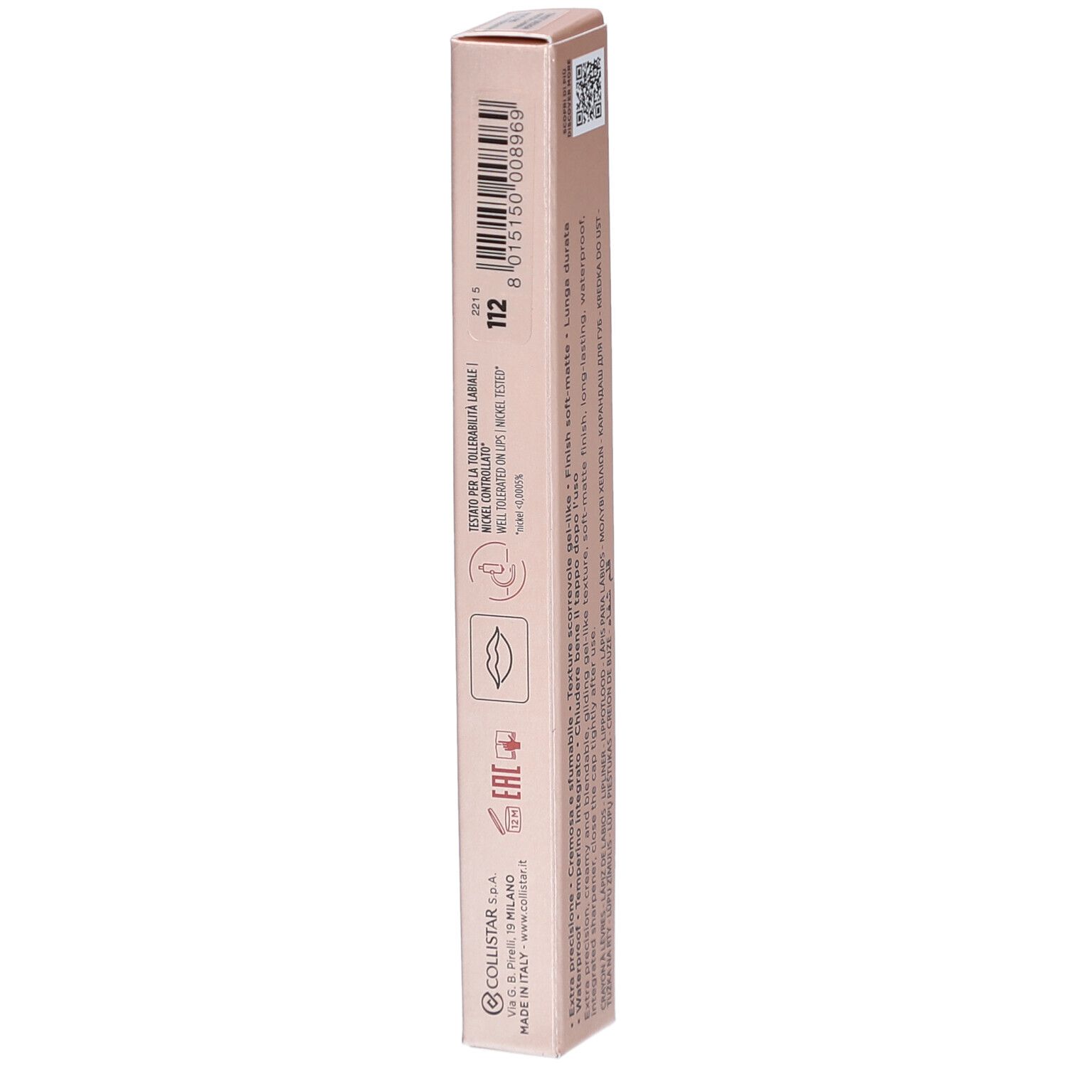 Schmale, rosafarbene Verpackung mit Produktinformationen und Barcode. Enthält ein Lippenkonturenstift-Symbol.