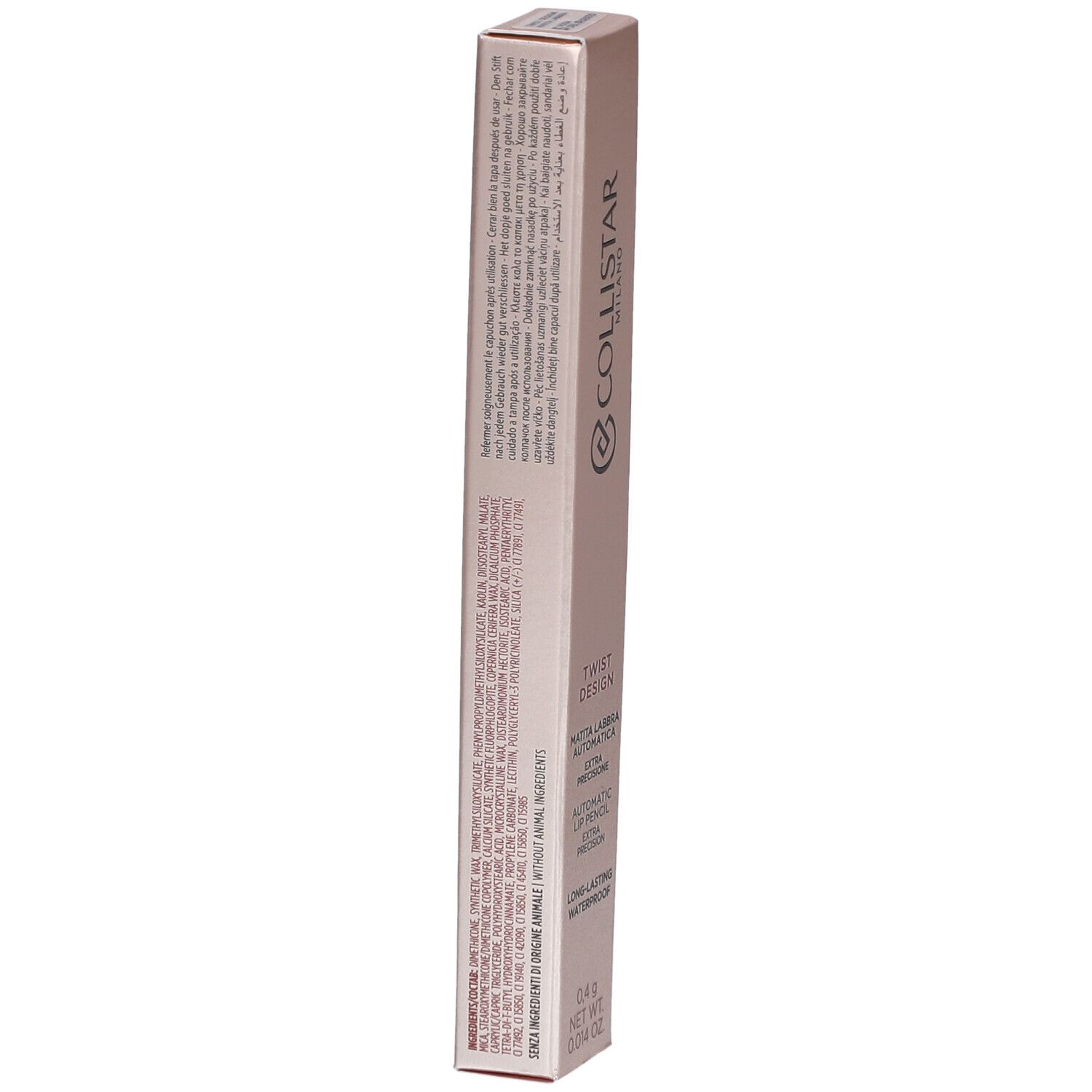Collistar Twist Design Lip Pencil Rosa del Deserto. Rosafarbene Verpackung. Text und Inhaltsstoffe auf der Rückseite. Barcode.