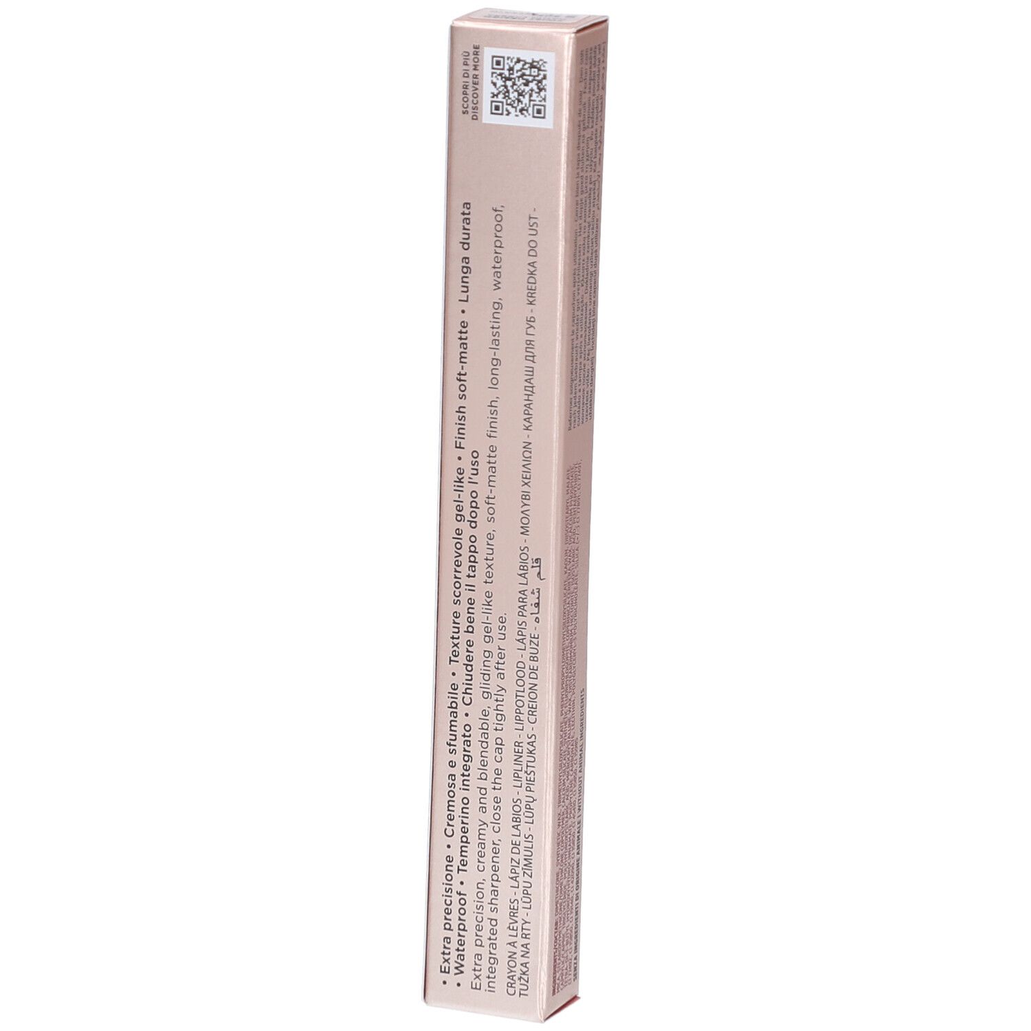 Collistar Twist Design Lip Pencil Rosa del Deserto. Rosafarbene Verpackung. Text auf der Rückseite. QR-Code.