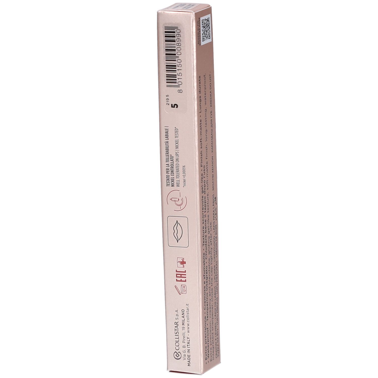 Collistar Twist Design Lip Pencil Rosa del Deserto. Rosafarbene Verpackung. Text und Symbole auf der Rückseite. Barcode.