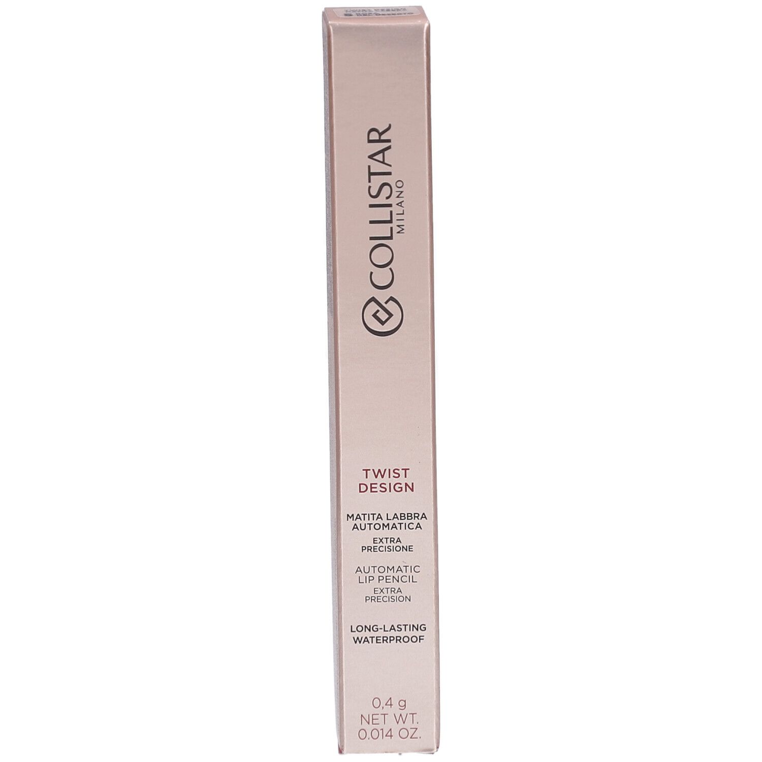 Collistar Twist Design Lip Pencil Rosa del Deserto. Rosafarbene Verpackung. Text: Twist Design, Automatic Lip Pencil, Long-lasting Waterproof. 0,4 g.