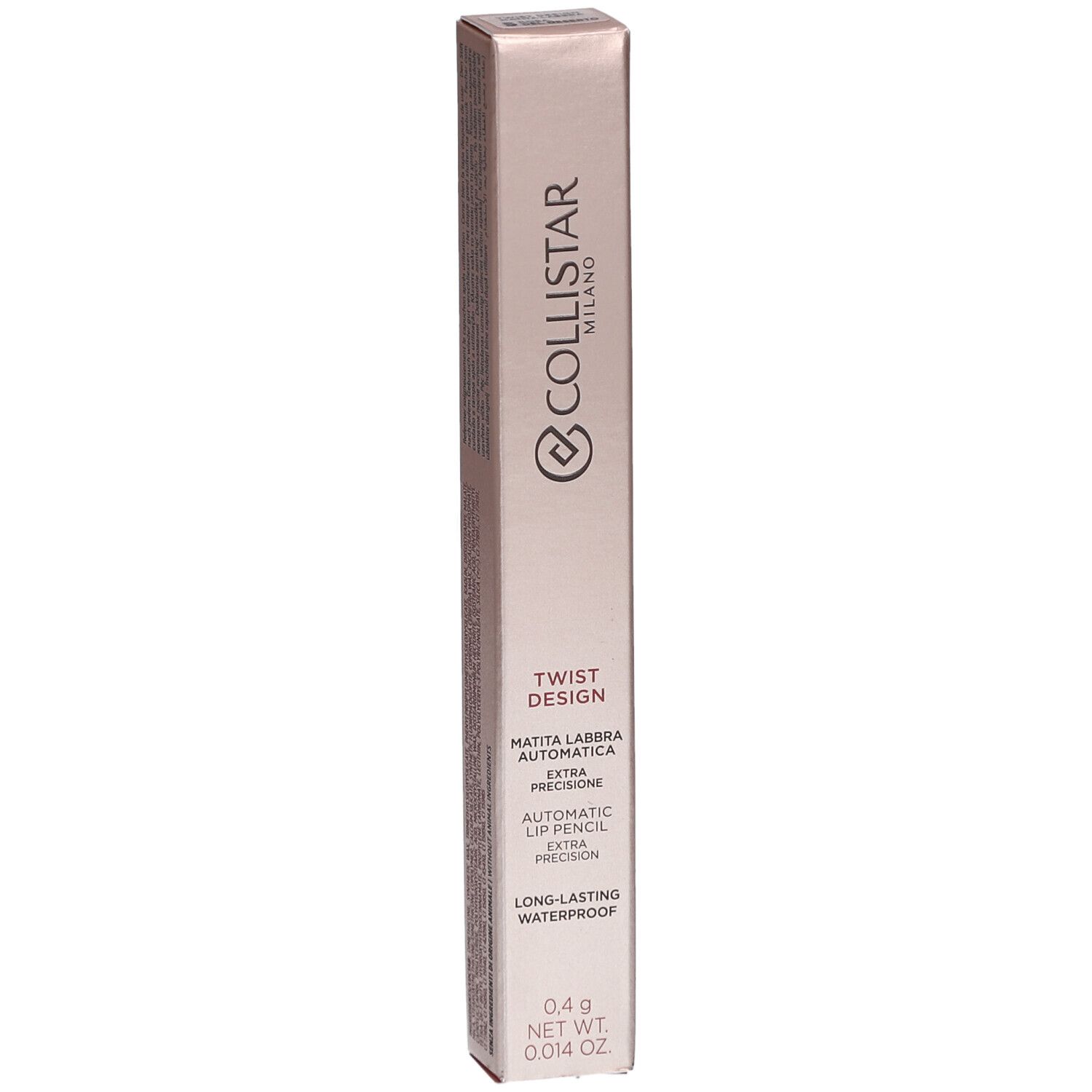 Collistar Twist Design Lip Pencil Rosa del Deserto. Rosafarbene Verpackung. Text: Twist Design, Automatic Lip Pencil, Long-lasting Waterproof. 0,4 g.