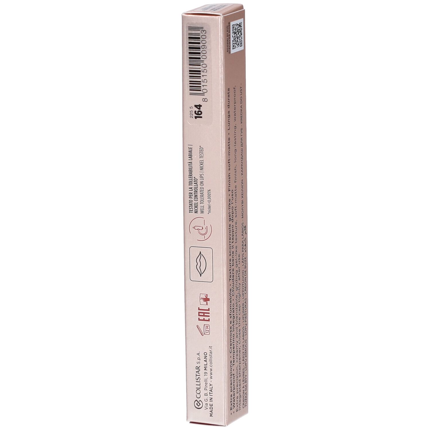 Rückseite der Verpackung des Collistar Twist Design Lip Pencil Quarzo Rosa. QR-Code, Logos und Informationen.
