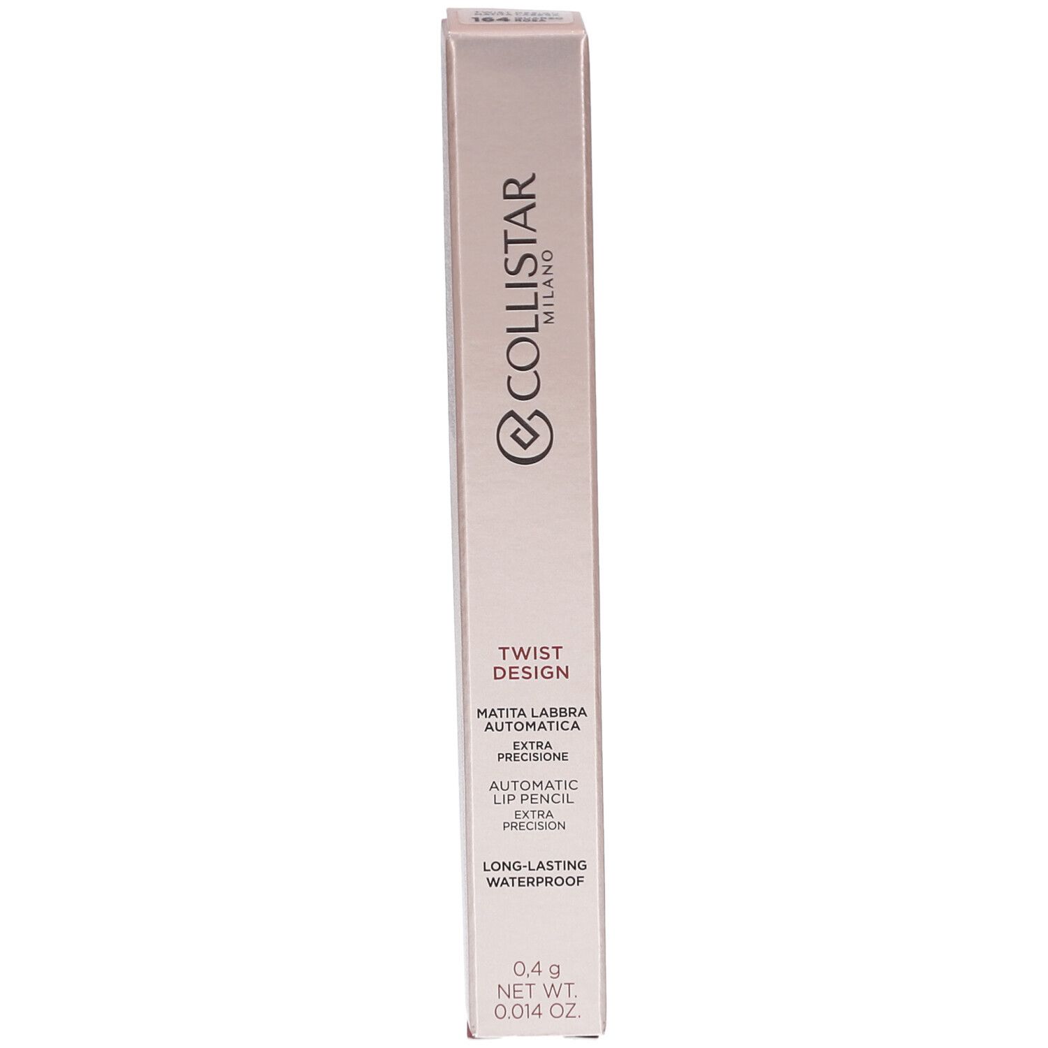Vorderseite der Verpackung des Collistar Twist Design Lip Pencil Quarzo Rosa. Produktname und Logo.