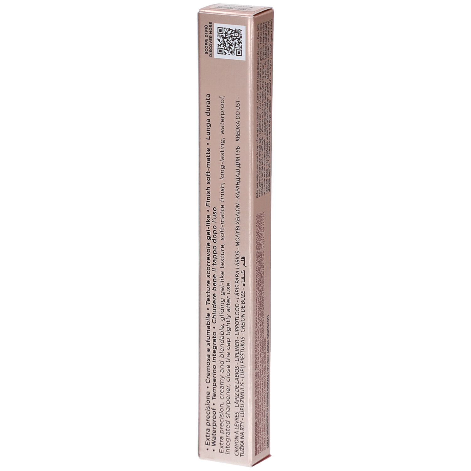 Rückseite der Verpackung. Text mit Informationen. Collistar Milano, Twist Design, Matita Labbra Automatica, Finish soft-matte.