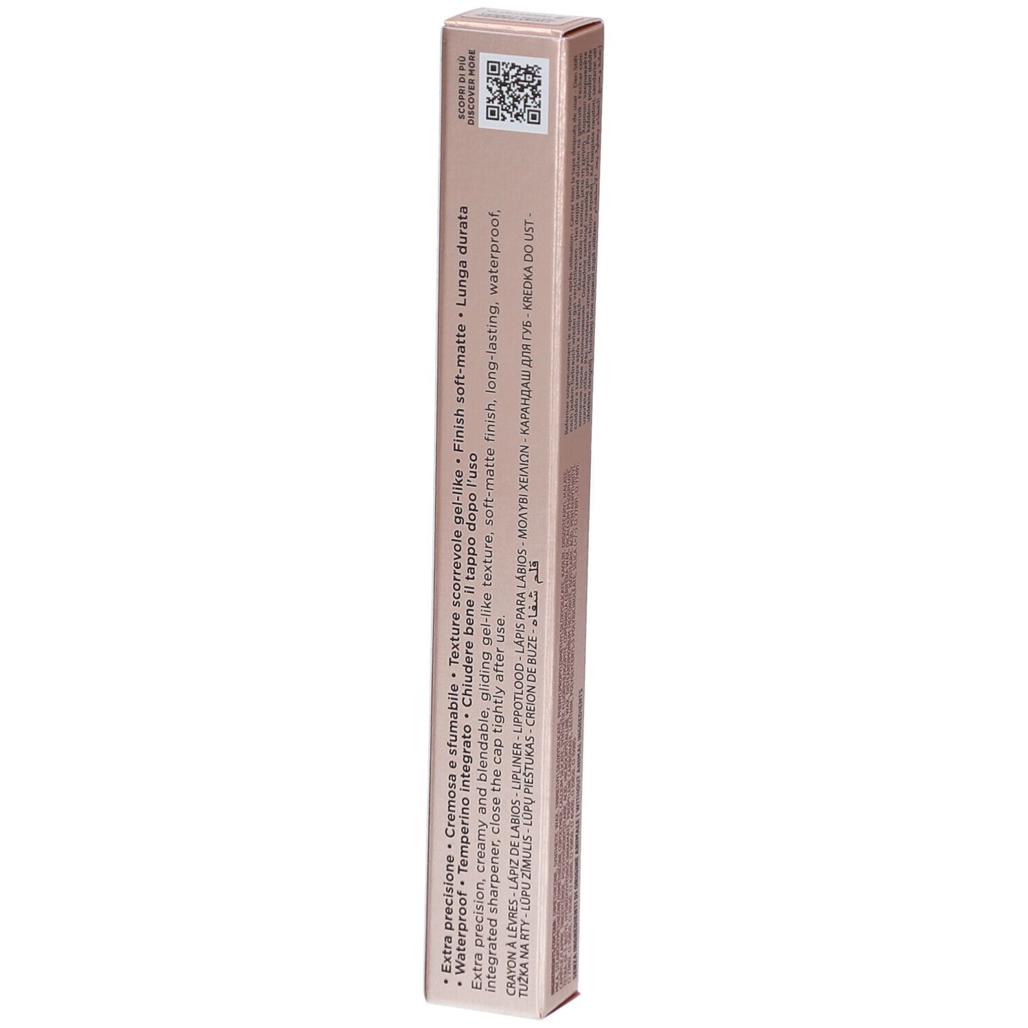 Seite der Collistar Lipliner-Verpackung. Rosa-goldene Schachtel mit Text. Enthält Produktinformationen und QR-Code.