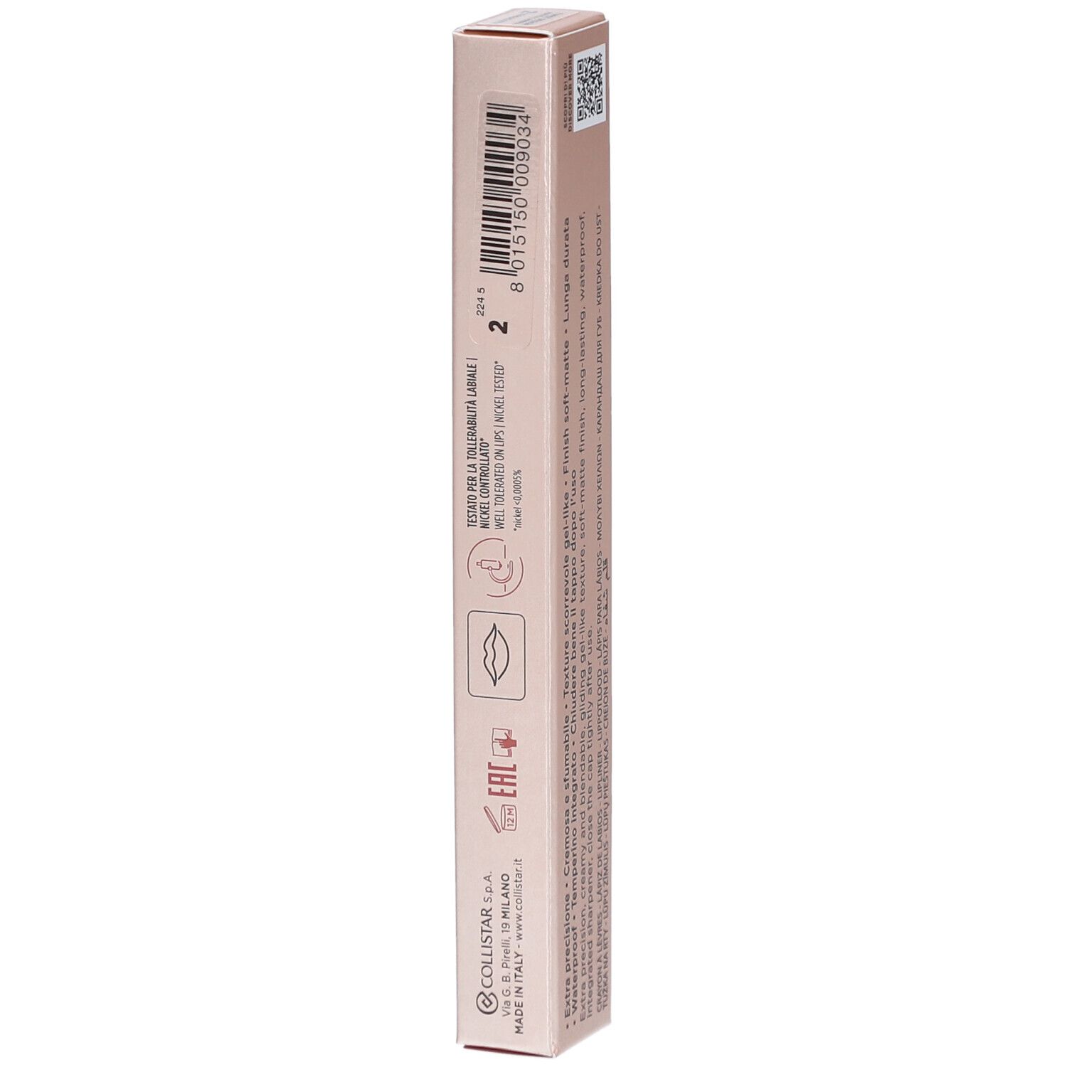 Rückseite der Collistar Lipliner-Verpackung. Rosa-goldene Schachtel mit Text und QR-Code. Enthält Produktinformationen.