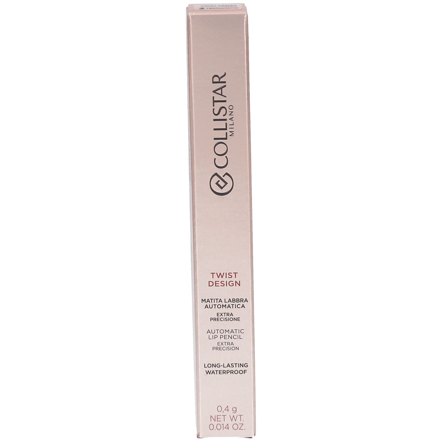 Collistar Lipliner-Verpackung. Rosa-goldene Schachtel mit Produktinformationen und Logo. Text: Twist Design, Automatic Lip Pencil.