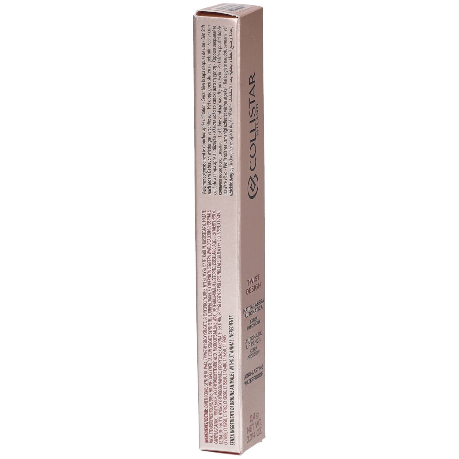 Rückseite der Collistar Twist Design Lip Pencil Verpackung. Text in mehreren Sprachen. 0,4 g.