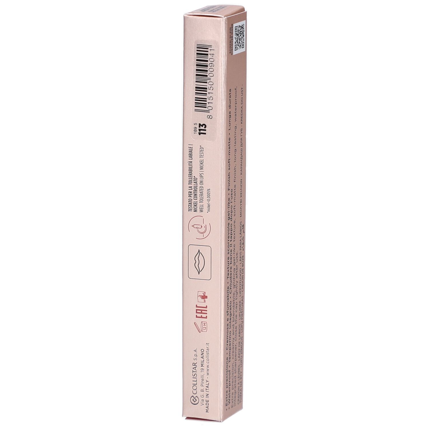 Seite der Collistar Twist Design Lip Pencil Verpackung. Text, Logo, EAN-Code. Made in Italy.