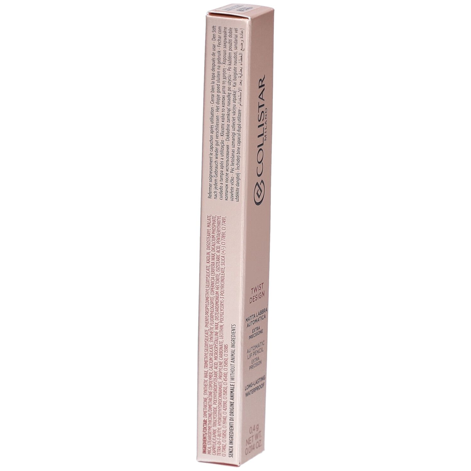 Rosa Cameo Lipliner-Verpackung. Text auf der Verpackung. Marke Collistar Milano, Twist Design. Text: Automatic Lip Pencil, wasserfest.