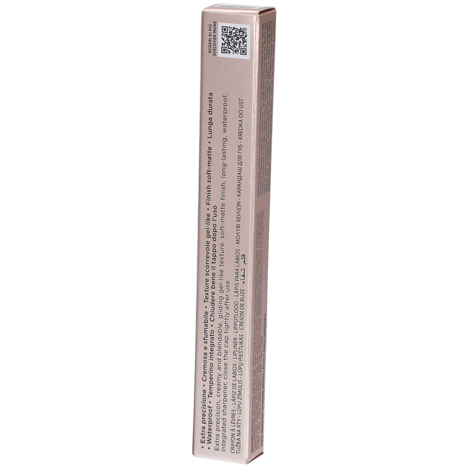 Rosa Cameo Lipliner-Verpackung. Text auf der Verpackung. Marke Collistar Milano, Twist Design. Text: Automatic Lip Pencil, wasserfest.