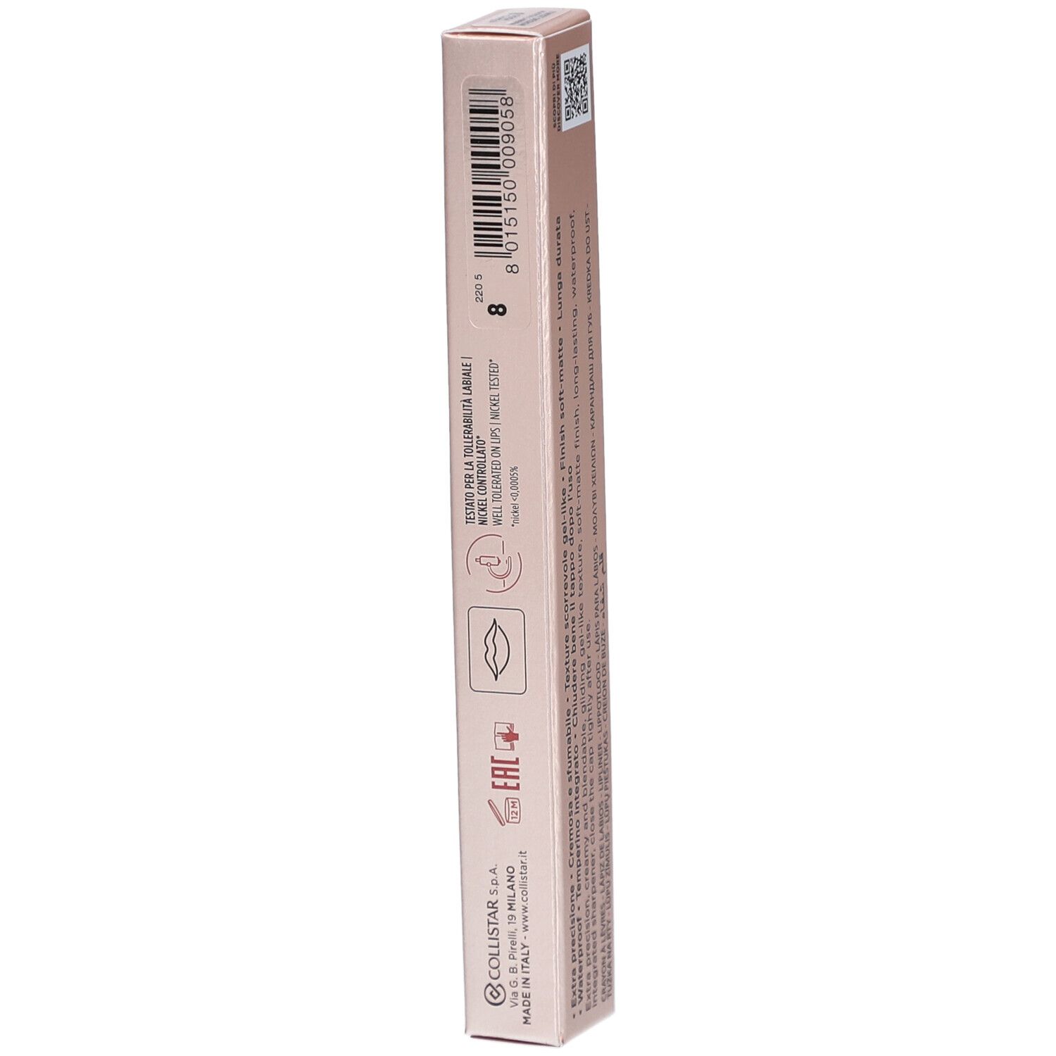 Rosa Cameo Lipliner-Verpackung. Text auf der Verpackung. Marke Collistar Milano, Twist Design. Text: Automatic Lip Pencil, wasserfest.