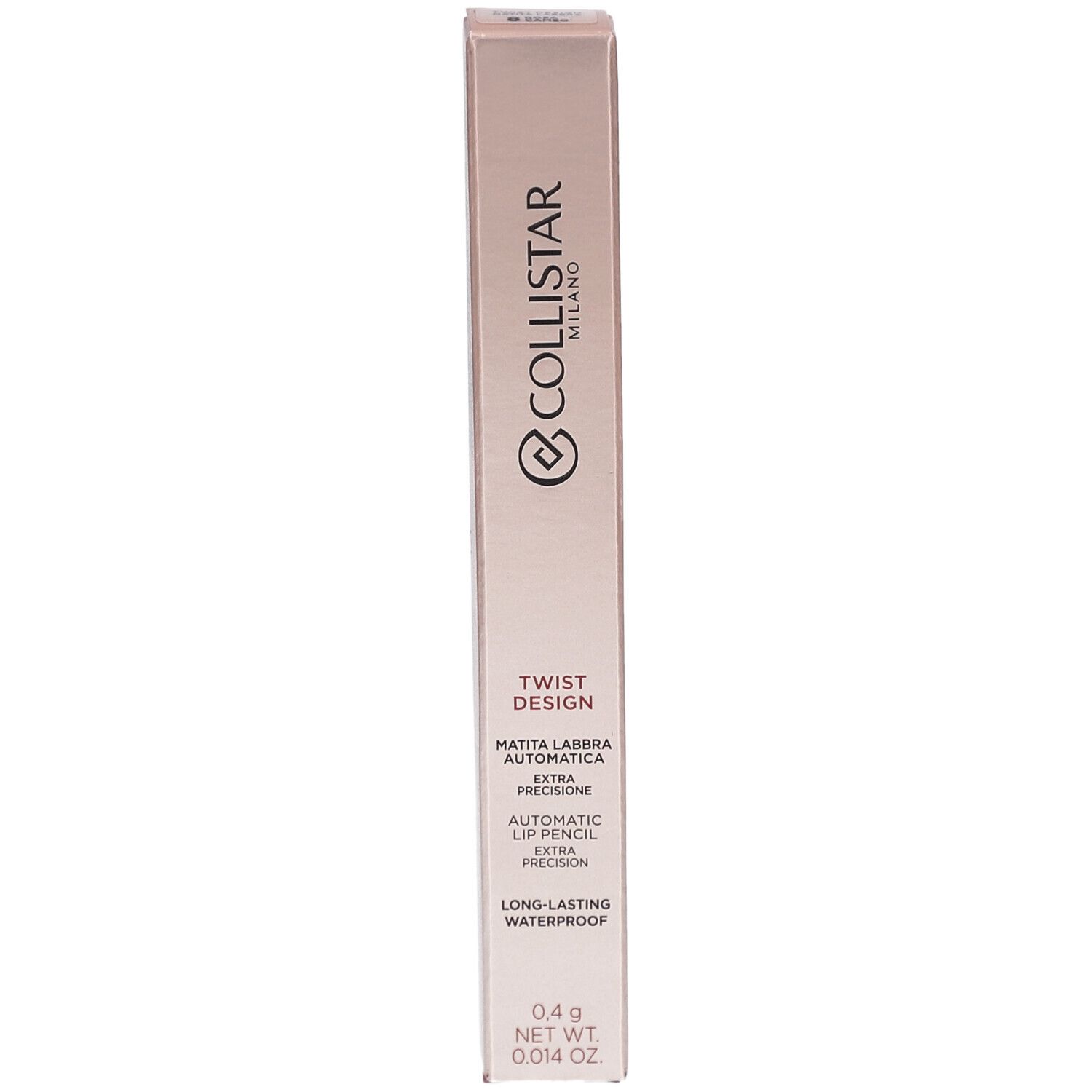Rosa Cameo Lipliner-Verpackung. Marke Collistar Milano, Twist Design. Text: Automatic Lip Pencil, wasserfest.